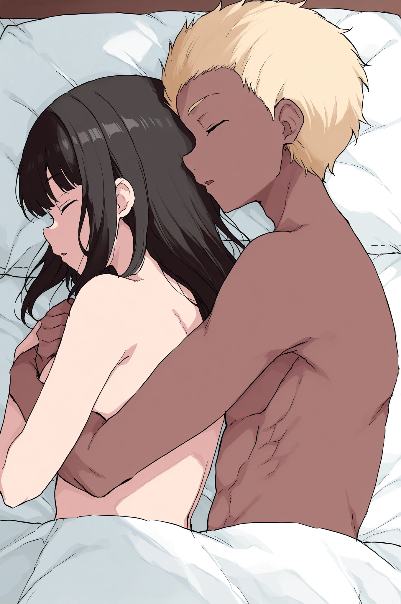 source_anime, rating_explicit, score_9, score_8_up, score_7_up, 1boy, femboy, portrait, indoors, medium length hair, brown skinned femboy, hair over eyes, submissive brown boy, ((brown skin)), messy hair, ikuchan, black hair, masterpiece, high-quality, small penis, BREAK, 1boy, muscular, white skinned, light skinned male, dominant light skinned male, kissing, romance, large white male, ((size difference)), huge penis, dominant