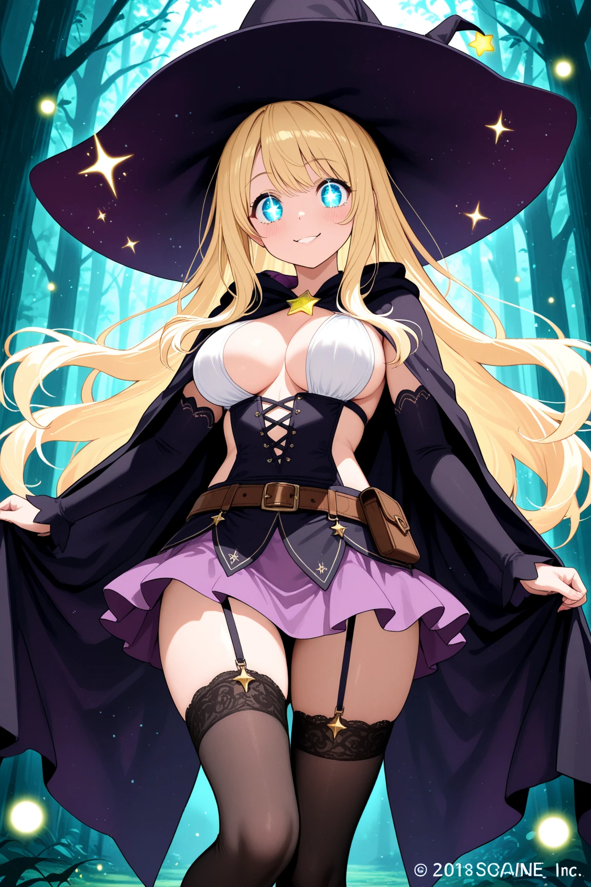 (((Masterpiece))), (((Best Quality: 1.4))), ((Super Detail: 1.4)) , hyper detailed painting of a female Metallia, one girl, hyper detailed face features, expressive face, detailed textures, natural skin shader, volumetrics, warm undertones under her skin, ultra High resolution. long blond hair ,witch hat with an purple eye, twin braids, slim body, green eyes, naked, vaginal or anal sex , cum inflation