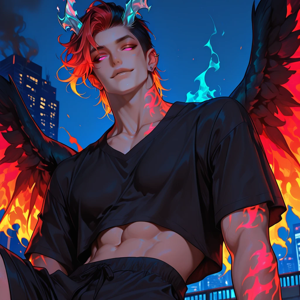 nsfw, amazing epic very detailed ink portrait, slim seductive 21yo Man fallen angel in the style of Beeple, official concept art with sharp lines, red hair, red eyes, freckles, (smooth, flat chest:1.4), spot color, fantasy art, dynamic background, risque, red magic tattoos, black leather, black wings, splash art, smoke, fire, demonic, horns,