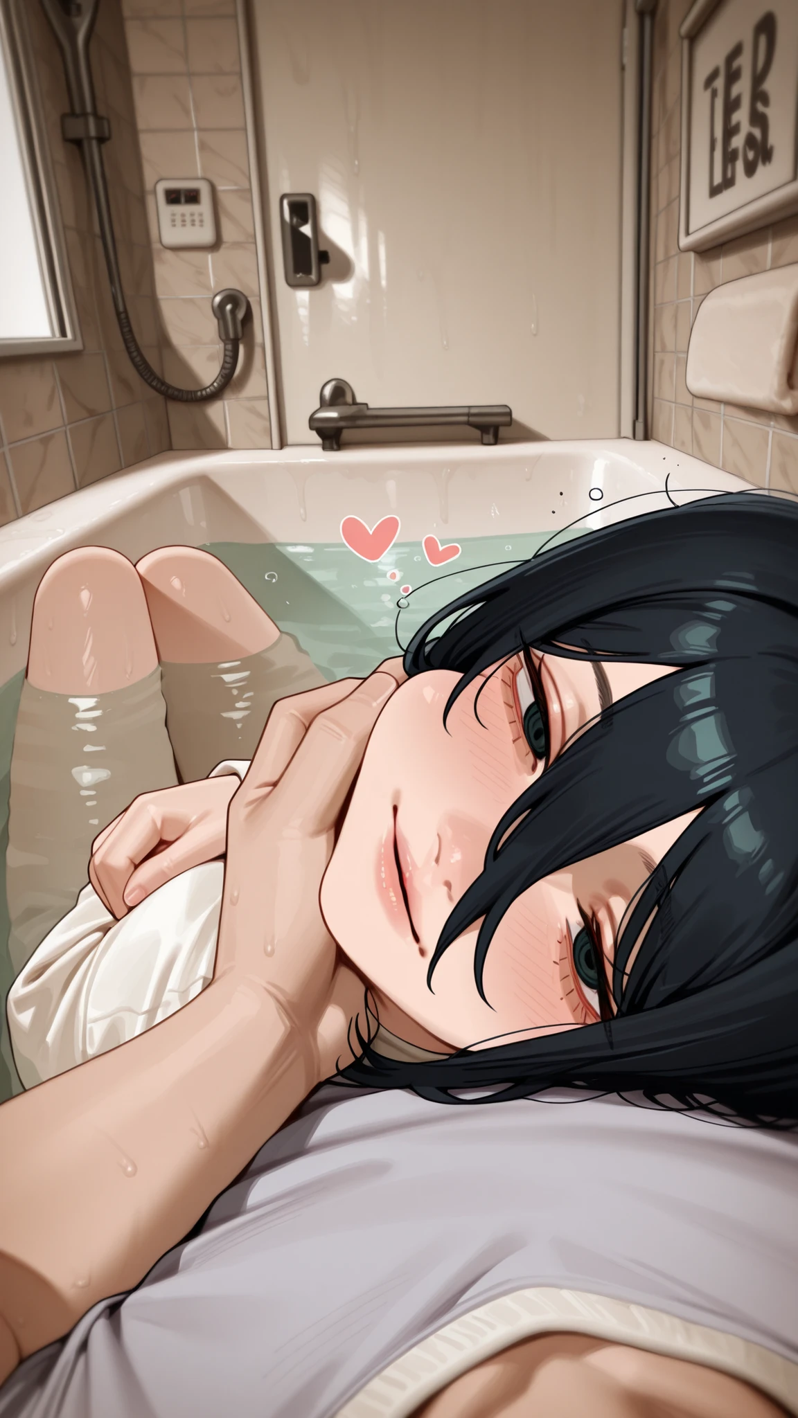 1girl on top, lying, from side, resting head, sleepy face, happy, lips, nayuta(chainsaw man), resting on chest, hug, looking at viewer, head on pov chest, snuggle, flirt, romantic atmosphere, happy, hearts, empty bathtub, apartment bathroom, cozy, male pov, povoverShoulder, pov hands, pov arms, arm rest, caressing, sfw. lying on lap, face grab, puckering lips, incoming kiss, comfort, arm over shoulder