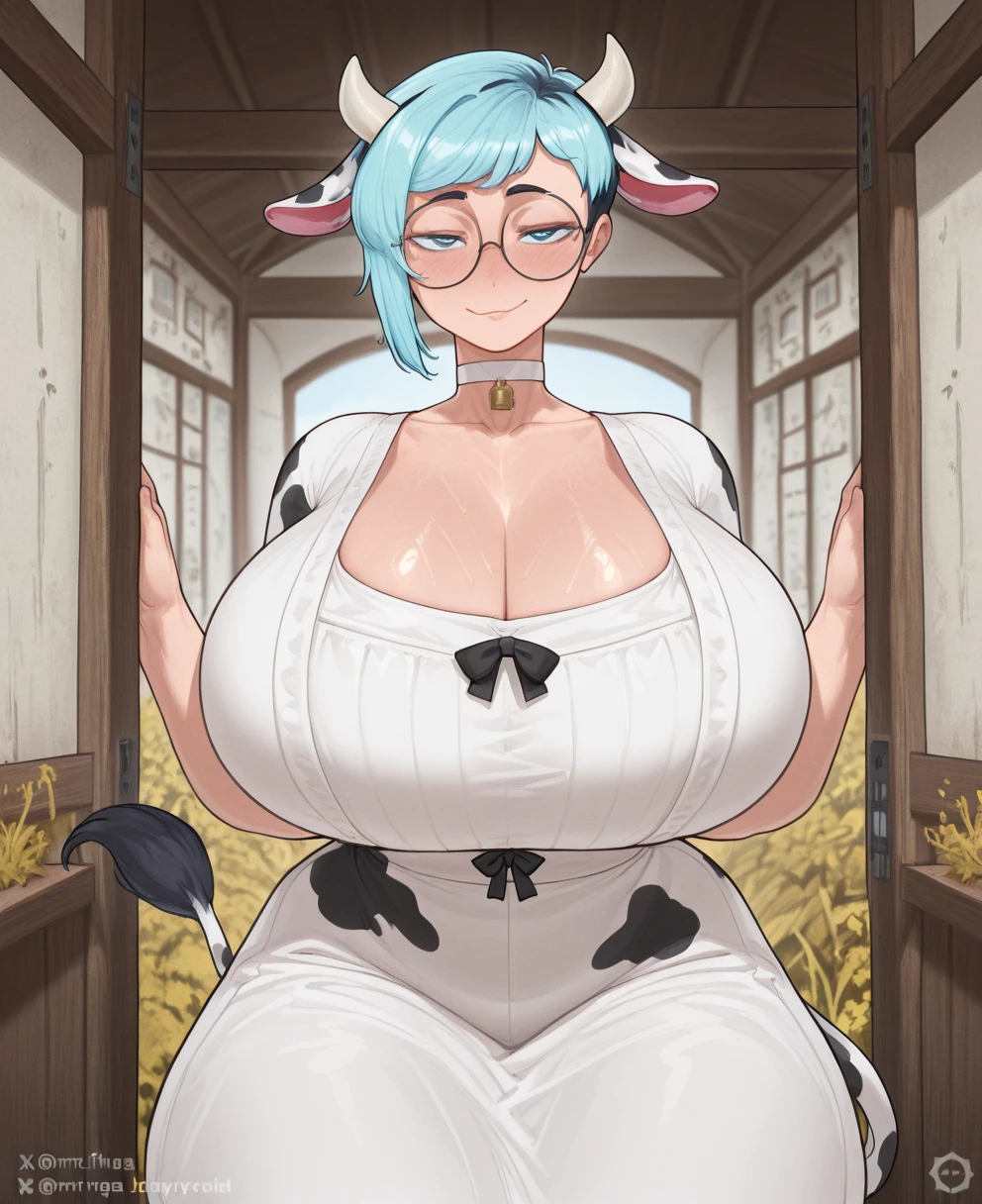 ((there are a female cow and ((a male bull)) in the cattle barn)),((she and the male bull are mating,they have sex)),((she is a domestic holstein,she is a quadruped,she is mating with the male bull)),nude,((she is pregnant,there are much hay in the cattle barn,in the cattle barn)),feral Holstein,holstein fur,cow bell,((nose ring of holstein)),nude,in the cattle barn,((hoofs of cow)),((finger is hoof of cow)),cow finger,out of tongue,on all fours,((holstein extra breasts)),((udders of holstein)),((the other male bull is copulating with her)),(((she is copulating with the male bull))),ahegao,((feel cow's orgasm)),((she has sex with the bull))