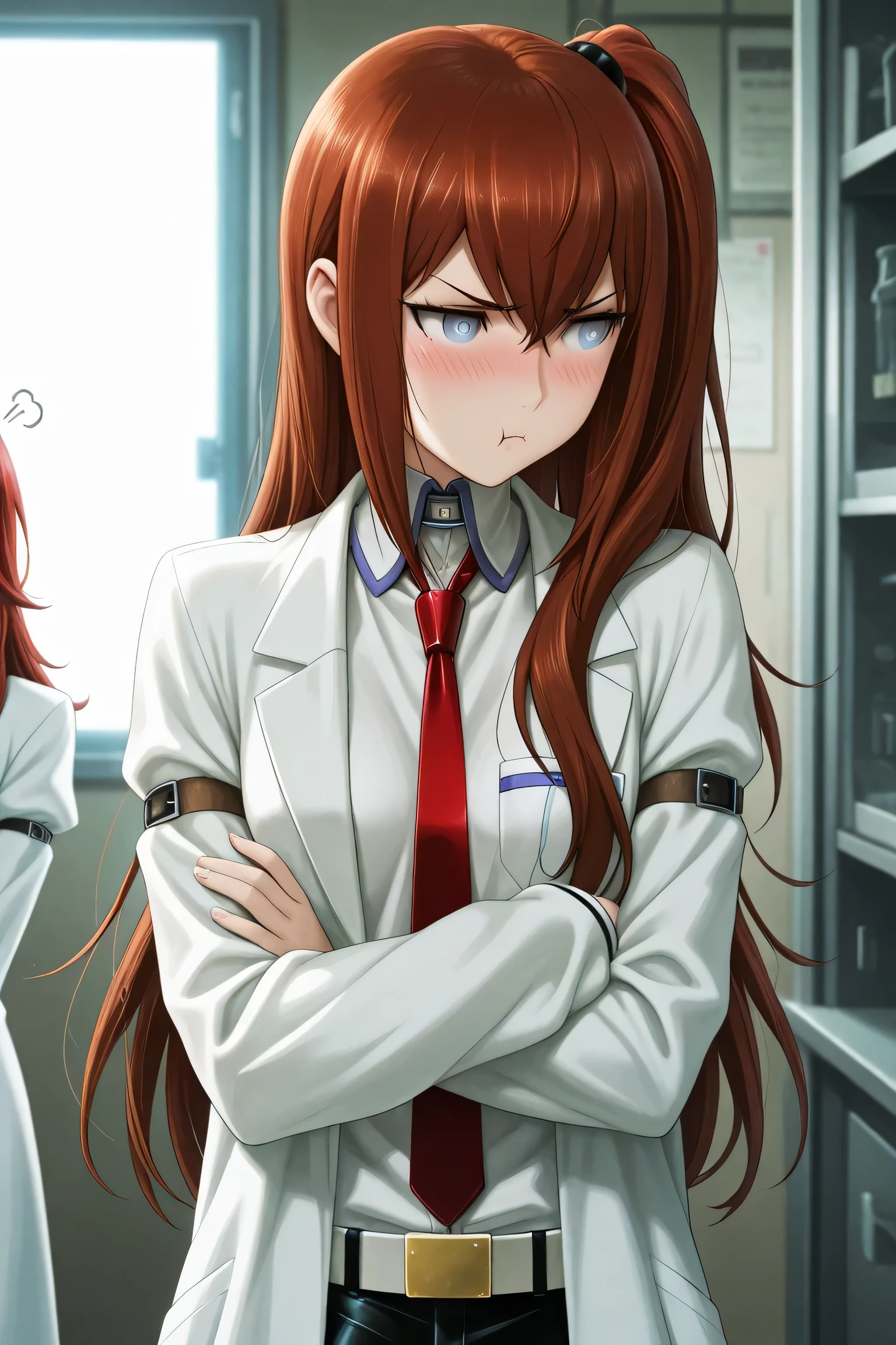 masterpiece, high quality, ultra-detailed, 1 girl, makise kurisu, steins;gate style, anime style, tsundere expression, blushing, red hair, side ponytail, blue eyes, white lab coat, embarrassed look, cute pout, crossing arms, christina, looking away, indoor lab background, soft lighting