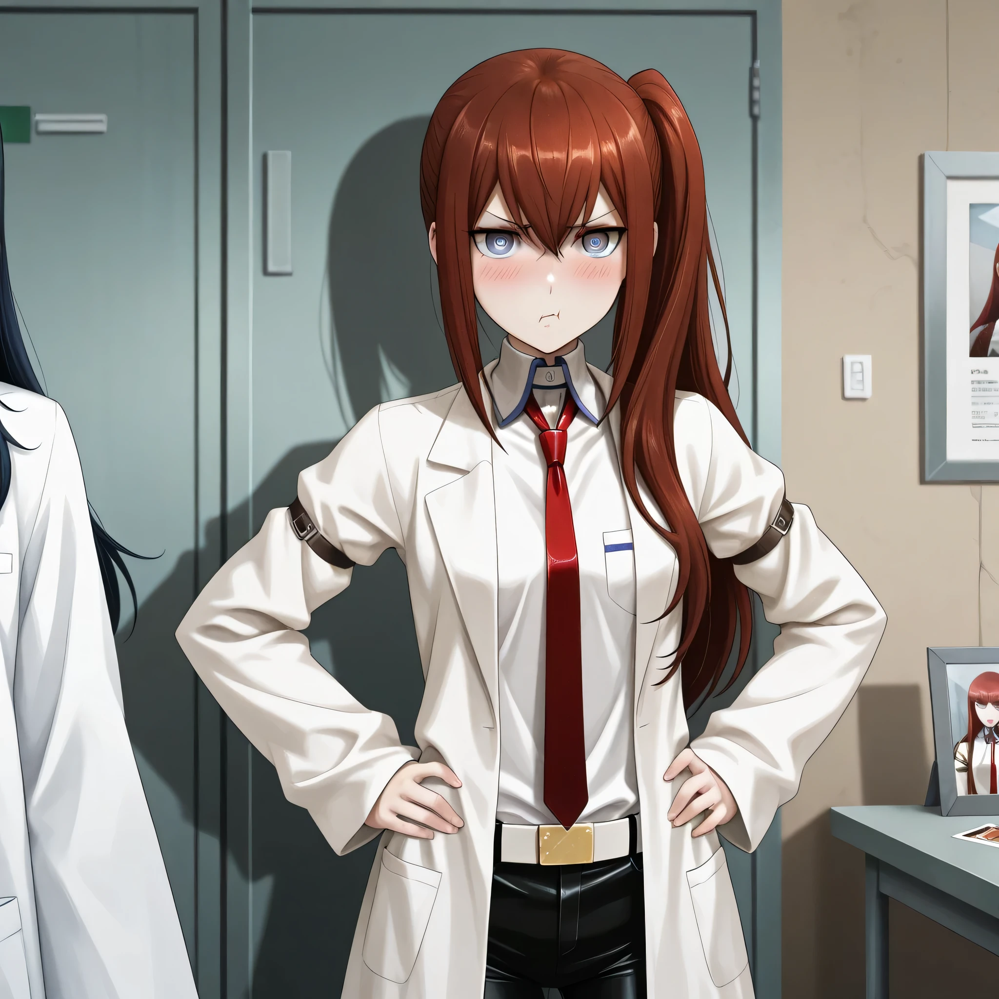 best quality, ultra highres, RAW photo, 1 girl, makise kurisu, anime style, side ponytail, flustered tsundere face, hands on hips, red hair flowing, blue eyes, white lab coat, red tie loose, slight pout, lab equipment background, soft shadows