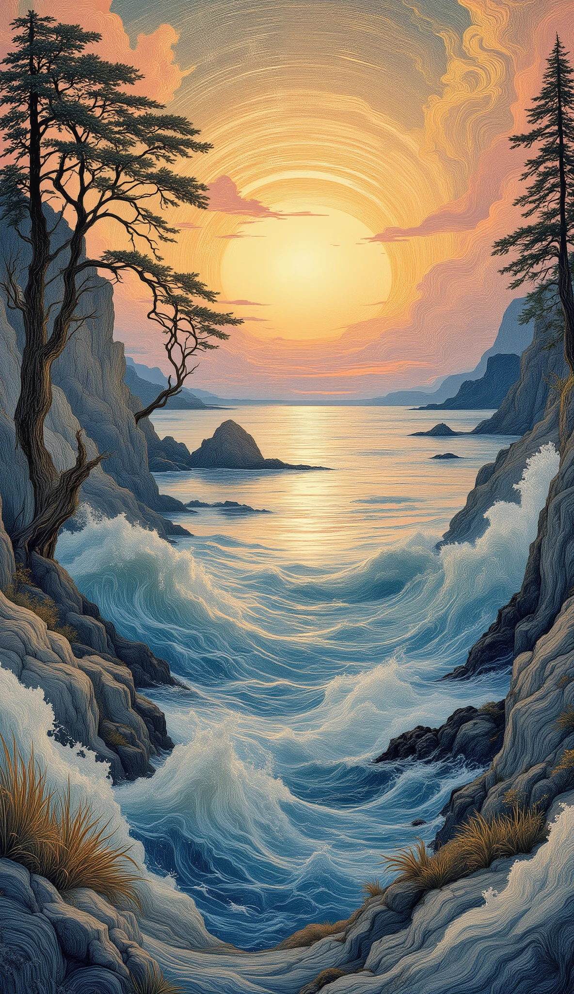 Stylized image in Art Nouveau style, a beautiful young woman against the background of an extraordinarily beautiful sunset over the sea, in blue tones, golden sun, pink clouds, gray rocks, trees, many curved contours carefully drawn, repeating all the elements of the composition, textured background, beautiful bright colors create an atmosphere of lightness and romanticism, muted tones they create the basis of the illustration and give it depth, Art Nouveau illustration, Art Nouveau style, Vintage handmade, sepia, old worn paper, stylized image, picturesque style of the Silver Age era, an atmosphere of tenderness, dreaminess and even mystery with a touch of time, high detail, stylization.