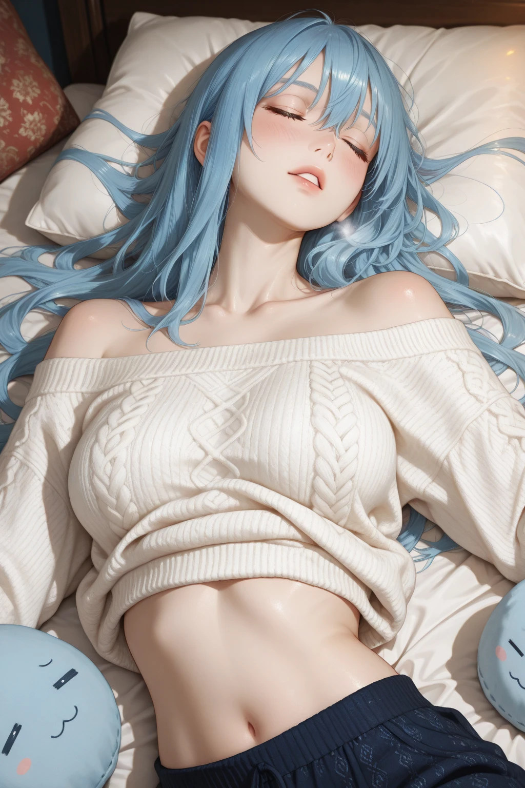 Character Details:, - Gender: 1 Girl. - Style: Anime, - Body Type: Attractive body, slim body, nice legs, slim tights, nice arms, nice shoulders. - Breast: (Small Breast:1.2), Cleavage, (). -  Feature: Beautiful, Gorgeous, Young. - Expression: Shy, (:1.4), Pink Blush on Face, Sexy Eyes, Sexy Look, (Sweating:1.4), Innocent Look, Tipsy. - Hairstyle: Blunt Bangs, Long Hair, Light Blue Hair - Clothing: (Sweater:1.5), (off-shoulder:1.6), (Stocking:1.4). - Body Pose: (back pose), (nice butt:1.2). - Behaviour: Waiting, Want Something, Secretly. - Accessories: Earrings., Environmental Details:, - Setting: Bed Room., - Lighting: Natural Light, - Decoration: Modern Bed, Chair, Window, White Curtain, City View. Top view. pov, anime style, UHD, retina, masterpiece, accurate, anatomically correct, textured.