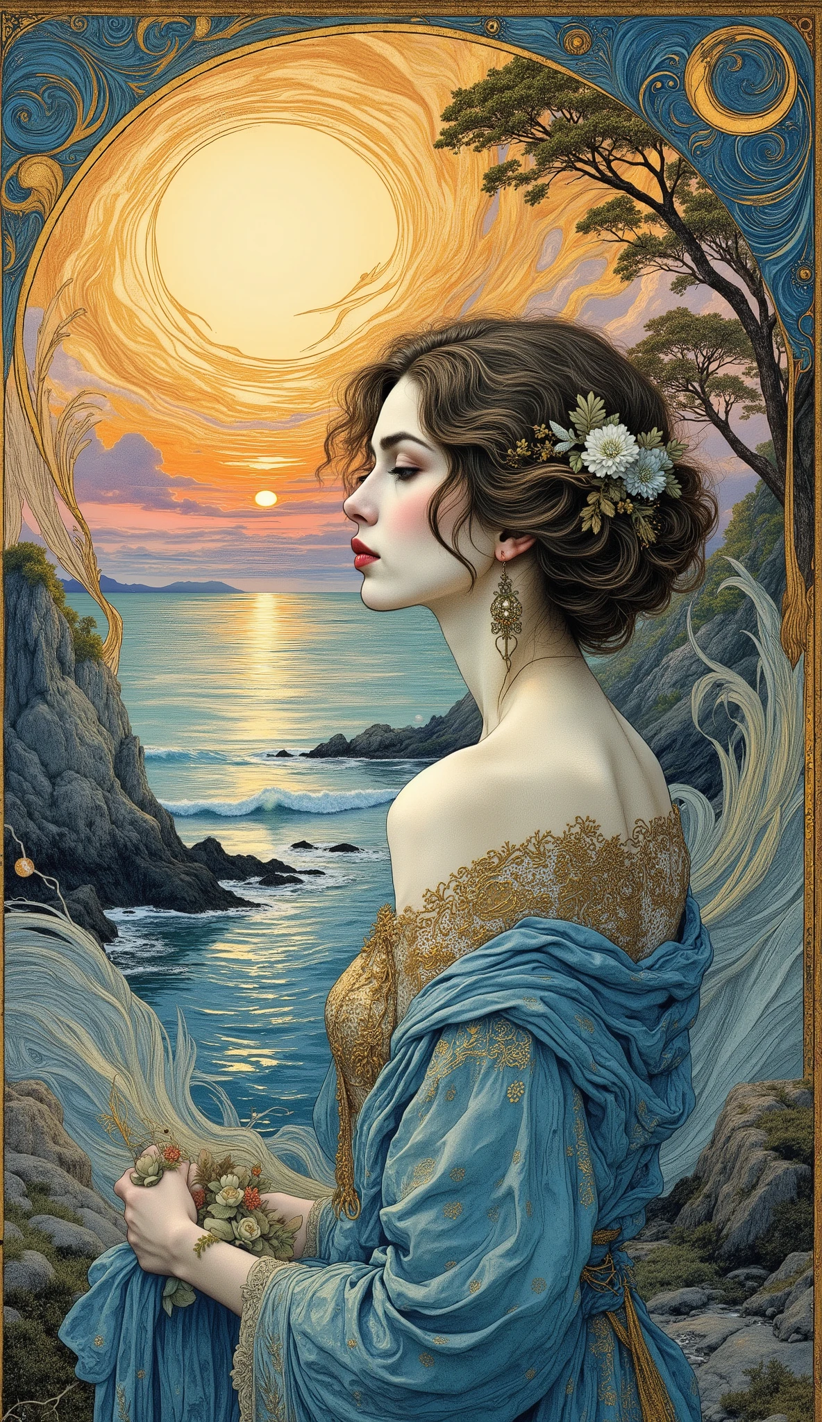 Stylized image in Art Nouveau style, a beautiful young woman against the background of an extraordinarily beautiful sunset over the sea, in blue tones, golden sun, pink clouds, gray rocks, trees, many curved contours carefully drawn, repeating all the elements of the composition, textured background, beautiful bright colors create an atmosphere of lightness and romanticism, muted tones they create the basis of the illustration and give it depth, Art Nouveau illustration, Art Nouveau style, Vintage handmade, sepia, old worn paper, stylized image, picturesque style of the Silver Age era, an atmosphere of tenderness, dreaminess and even mystery with a touch of time, high detail, stylization.
