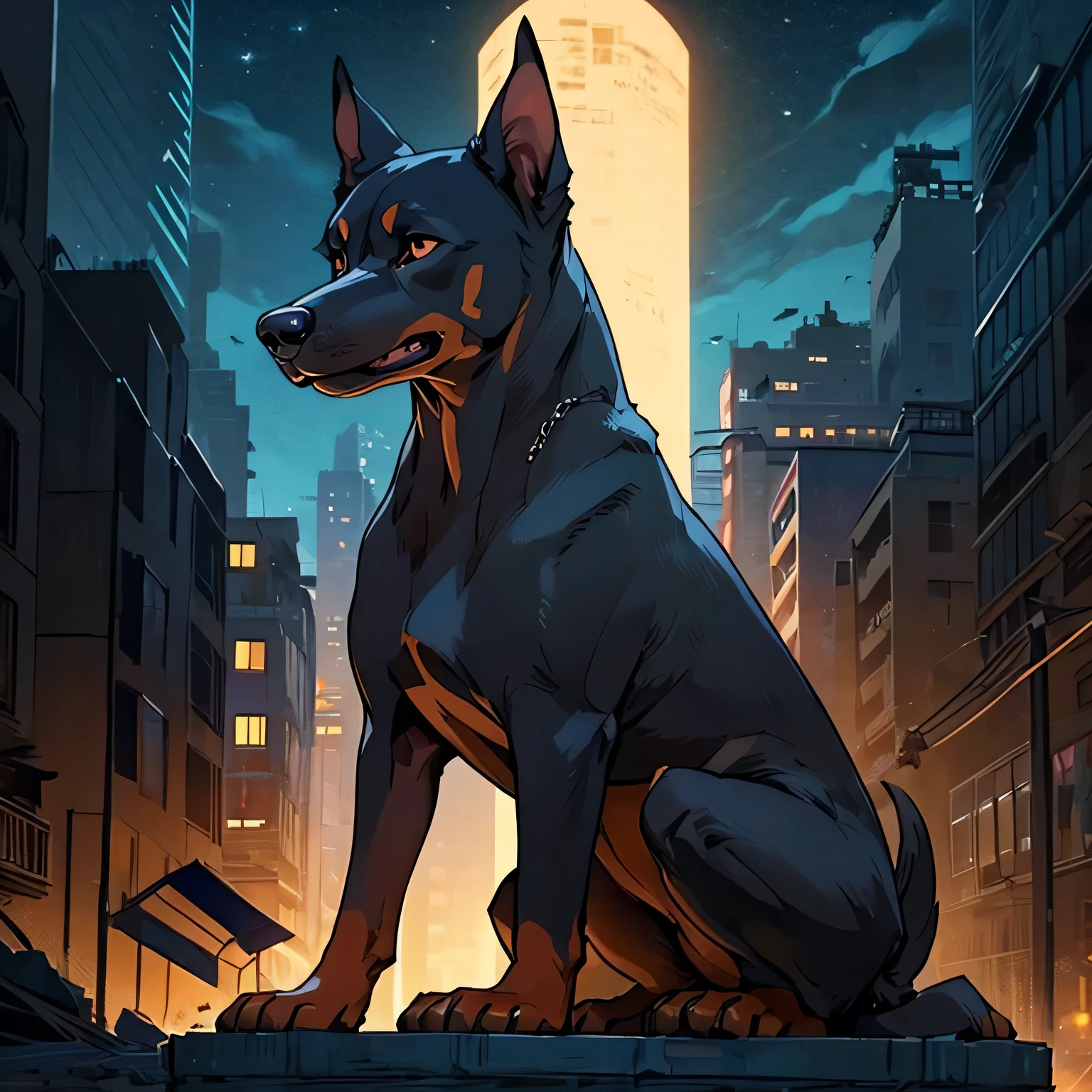 (((No humans)))、dog1Animals、Ruined City、最高品質のdog、Detailed hair、Mr.々Angle、The perfect doberman、Detailed Background、Top quality backgrounds、14k、完璧なdog、野良dog、Dull colors、Faint lighting、night
