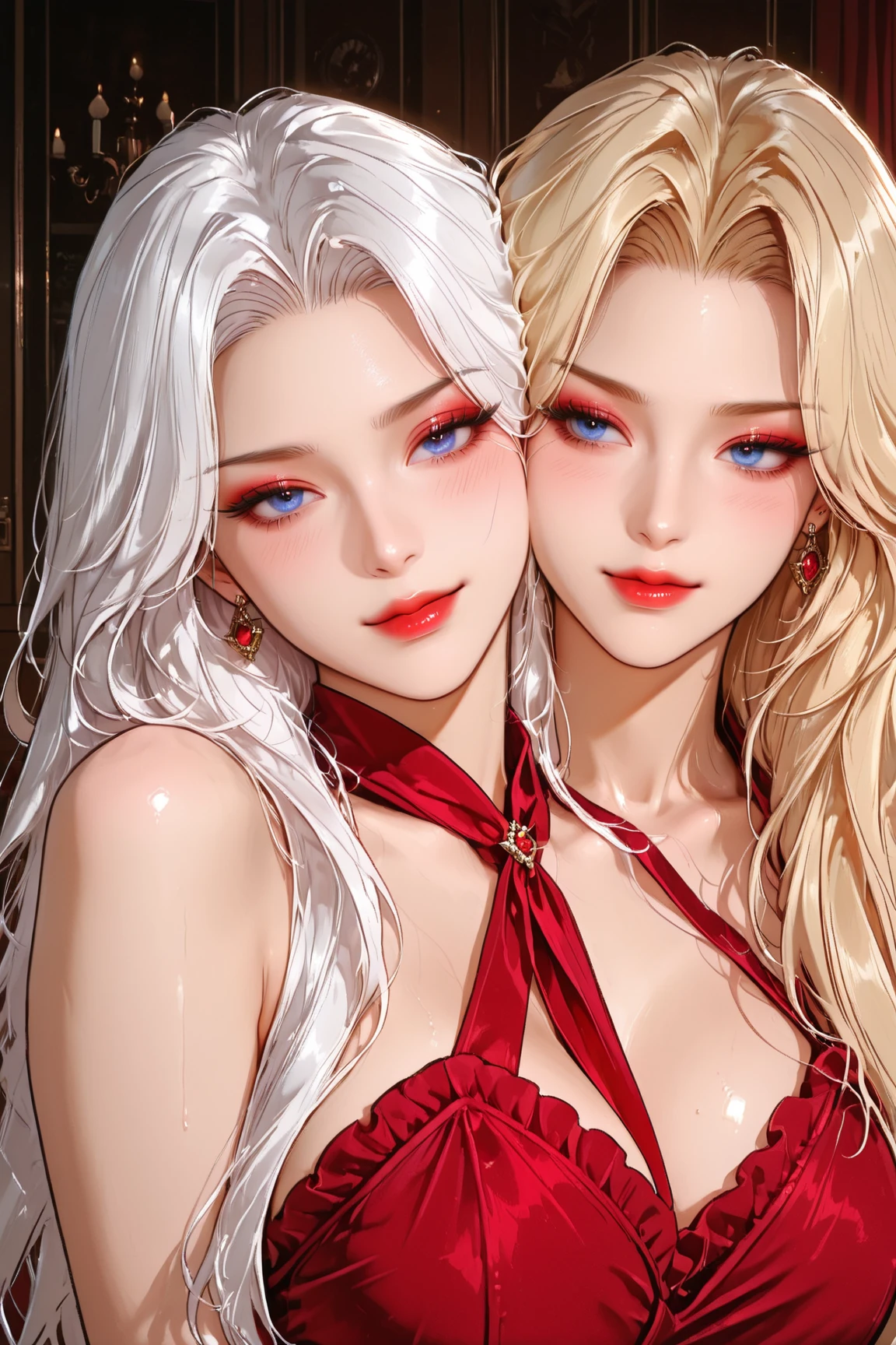 Best Quality, Very Detailed, (Realistic), Masterpiece, Photorealistic, Realistic Human Proportions, Fantastic Realism, Perfect Lighting, Soft Light, Natural Light, Physically Based Rendering, Auto White Balance, 4K, ((symmetrical_docking)), 2girls,yuri,Irisviel von Einzbern,seductive smile, solo, long hair, looking at viewer, blush, bangs,kiss,(gigantic_breasts),(hanging breasts),(large areolae), (red eyes), dress, cleavage, bare shoulders, jewelry, symmetrical_docking,very long hair, closed mouth, collarbone, white hair, thighs, earrings, sleeveless, indoors, necklace, white dress, bracelet,bare foot,red lips, parted bangs, sleeveless dress,(see-through), couch, bangle, lamp, picture frame, masterpiece, best quality,Super detailed, exquisite face shape, nose, red lips, detailed eyes, (iris and pupils are round, pupils reflect the environment, eyes vary in size) eyeliner, eyelashes, smooth hair, smooth skin, posing for a photo,