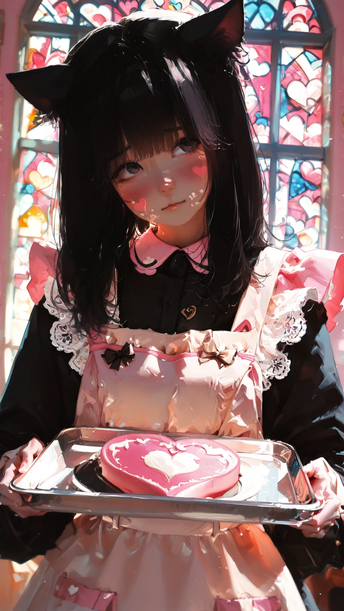 High quality, photorealistic, ultra detail, 1 girl, neco-made, black cat ears, long black hair with pink locks, Shy facial expression, Blush on the cheeks, cafe-made uniform,  white apron, lace details, holds a heart-shaped latte art tray, soft cafe lighting, cozy atmosphere, pastel interior colors, stained glass windows, floating pink chibi hearts around