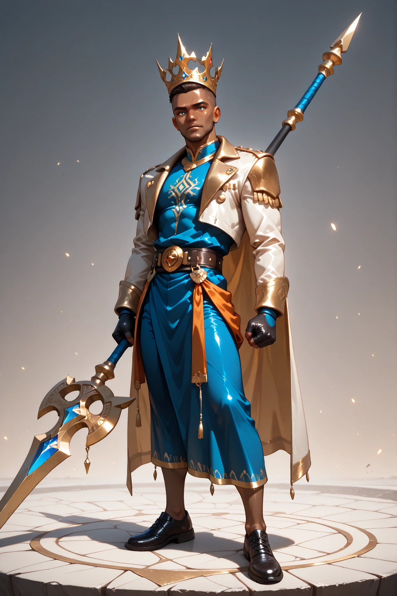 masterpiece, best quality, amazing quality, very aesthetic, high resolution, newest, hyper-detailed, (close up),solo, male character, mature man, short hair, side cut hair, African skin color, slim male figure, blue social shirt, white jacket, armed with long spear, incandescent golden crown on his head, magic symbols around him, full body, fan art, a highway on the background