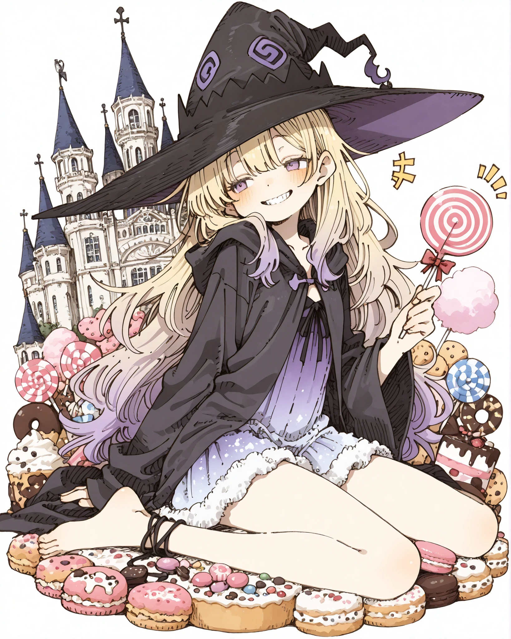 ((Abara Heiki Style)), ((Masterpiece)), ((best quality, amazing quality)), ((very aesthetic, absurdres, newest)), ((transparent background, mini background)), ((detailed background, negative space)), (wide shot), (^^^), ((1girl)), Cute young Girl, (Healthy Gaunt body, Textured skin, small , tilt head), (jitome, pale purple eyes, gradient eyes, averting eyes, looking at side), ((witch girl)), (very grin, Serrated teeth, blush), fluffy hair, long blonde hair, loose long bangs, gradient hair, violet color Hair Tip, (black Witch robe, fuzzy midium skirt), (put on Black Witch Hat, Wide-brimmed hat), loose sitting, wariza, Barefoot sole, Mysterious ankle string, (Holding the big Lollipop Candy with hand, kawaii, many sweets), happy mood, Ice Cream, Sugar Lace Decor, Donuts, Cookies, macarons, chocolates, cakes, Cotton Candy Cloud, many various colorful sweets floating in the air, (outdoor, wonderland), aged road, european architecture,