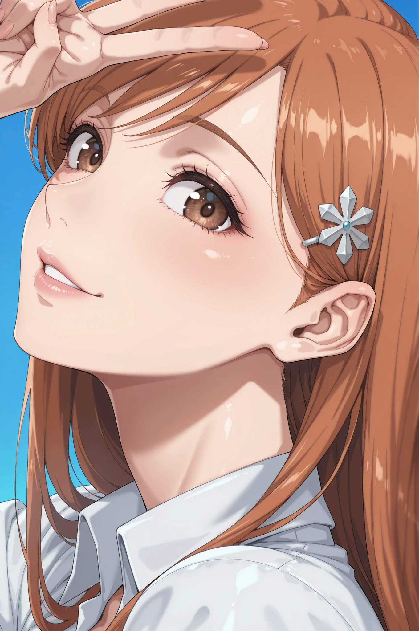 1girl, inoue orihime, close-up portrait, female, woman, hair clip,orange hair,long hair,brown eyes,fair skin,Shiny skin,pink lips,white collared shirt,simple background,blue background,v sign,one hand,heart,depth of field,slight smile,looking at viewer,from the side,clean lines,smooth lines,sharp, masterpiece, best quality, newest, highly detailed,