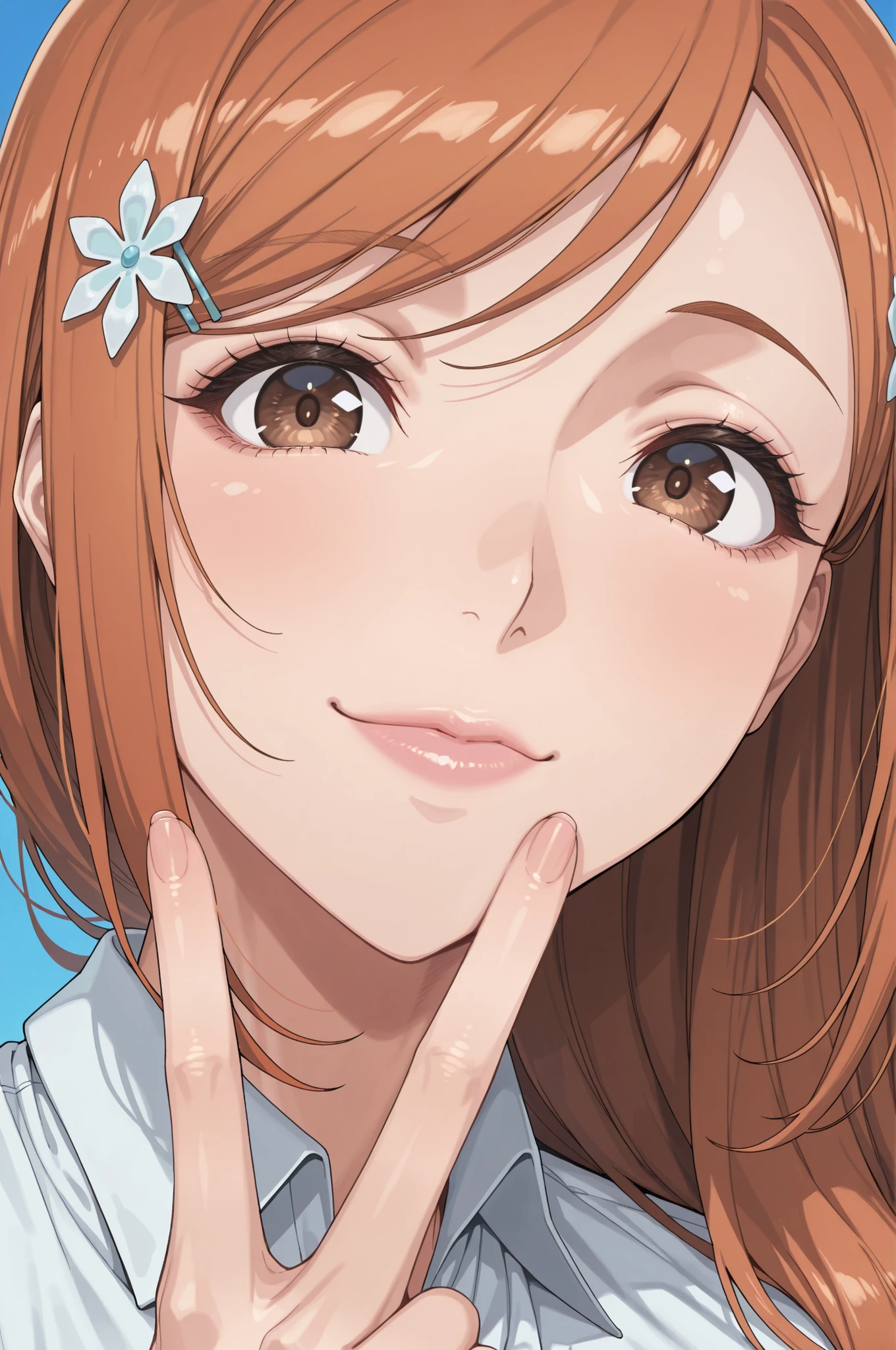 1girl, inoue orihime, close-up portrait, female, woman, hair clip,orange hair,long hair,brown eyes,fair skin,Shiny skin,pink lips,white collared shirt,simple background,blue background,v sign,one hand,heart,depth of field,slight smile,looking at viewer,from the side,clean lines,smooth lines,sharp, masterpiece, best quality, newest, highly detailed,