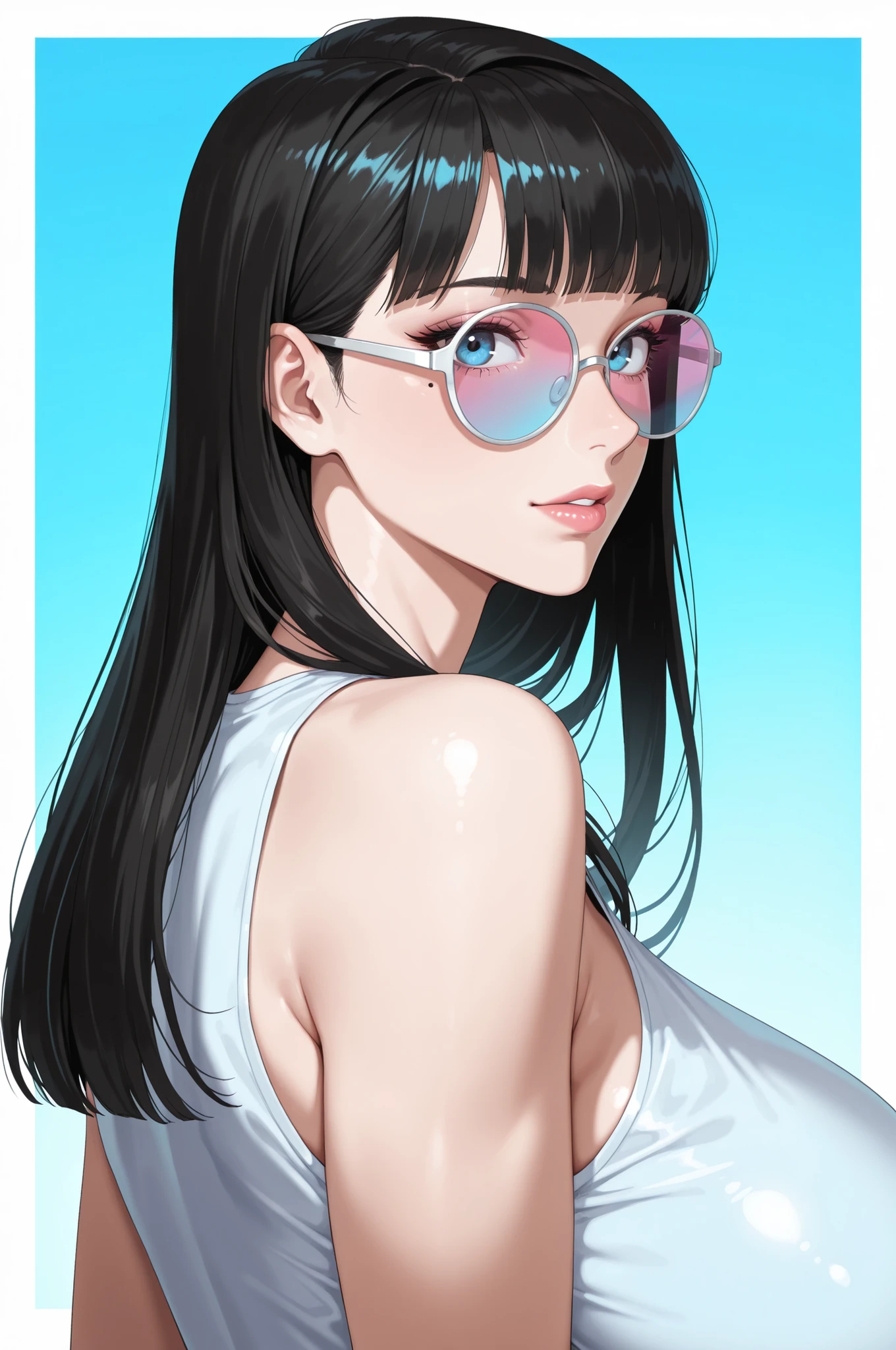 masterpiece, absurdres, masterpiece, best_quality, ultra-detailed, newest, sharp focus, best quality, amazing quality, very aesthetic, soft focus, retro colors, 60s, retro, comic, fantasy, oil painting, perfect eyes, vivid colors, vibrant colors, (lineless:1.5), light from front, 1girl, solo, long hair, looking at viewer, bangs, blue eyes, simple background, shirt, black hair, white background,  shoulders, monochrome, upper body, parted lips, glasses, sleeveless, blunt bangs, mole, lips, gradient, looking to the side, gradient background, eyelashes, mole under eye, sleeveless shirt, makeup, shadow, blue background, sunglasses, lipstick, portrait, close-up, blue theme, pink lips, round eyewear, limited palette, tinted eyewear, aqua background, looking over eyewear, white-framed eyewear, blue-tinted eyewear, pink-tinted eyewear, 