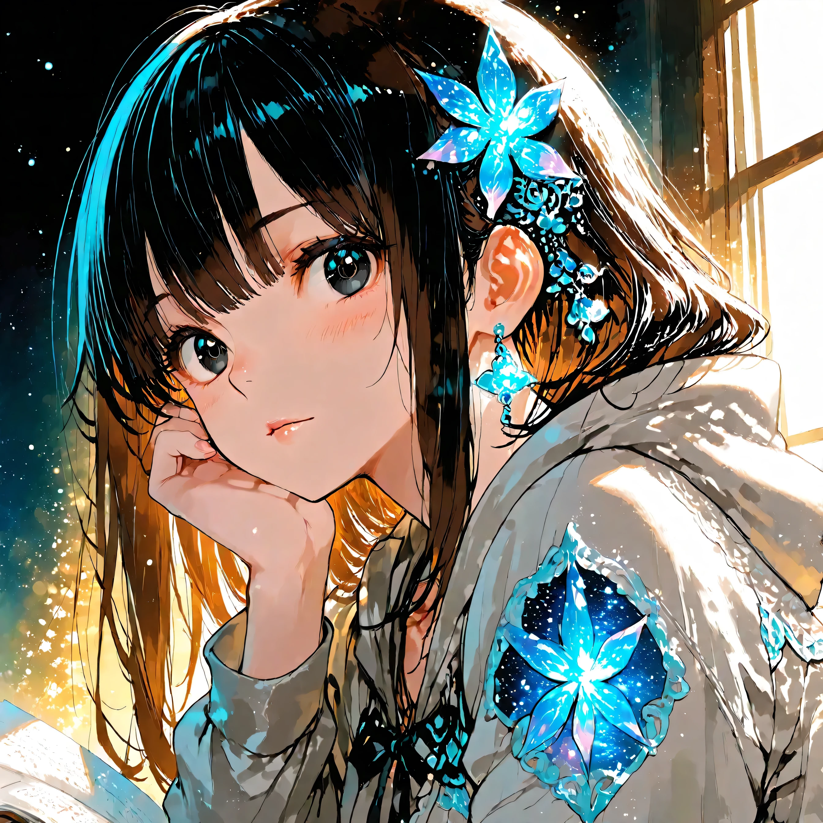 A beautiful girl anime-style female character (1.0), semi-realistic (1.0), mi-long hair semi-curly black hair with brown streaks (1.2),black eyes (1.2), matte skin (1.0), age 20 (1.0), wearing a light gray hoodie with a logo in the center reading "pourfendre" in Japanese (刺す) (1.0), calm expression and little serious (1.1), soft and realistic shading (1.0), delicate facial features (1.0), subtle blush (1.0), detailed eyes with highlights (1.3), hair with soft highlights (1.2), cinematic lighting with soft neon glow (1.2), rim light (1.1), night sky background with bluish and pink neon tones (1.1), starry galaxy effect (1.2), glowing neon reflections (1.1), soft bokeh (1.0), vibrant colors (1.0), focus on face and upper torso (1.0), square format 1:1 (1.0), high quality (1.0), digital painting (1.0), anime art (1.0), illustration (1.0), small purple jeweled hair accessories like a princess (1.3), intricate hair accessories resembling stars and beads (1.3), detailed realistic anime-style eyes, no extra limbs, no distorted face, no text artifacts, no awkward anatomy, high-resolution, sharp focus, cinematic lighting, ultra-detaile, ethereal glowing reflections on clothes