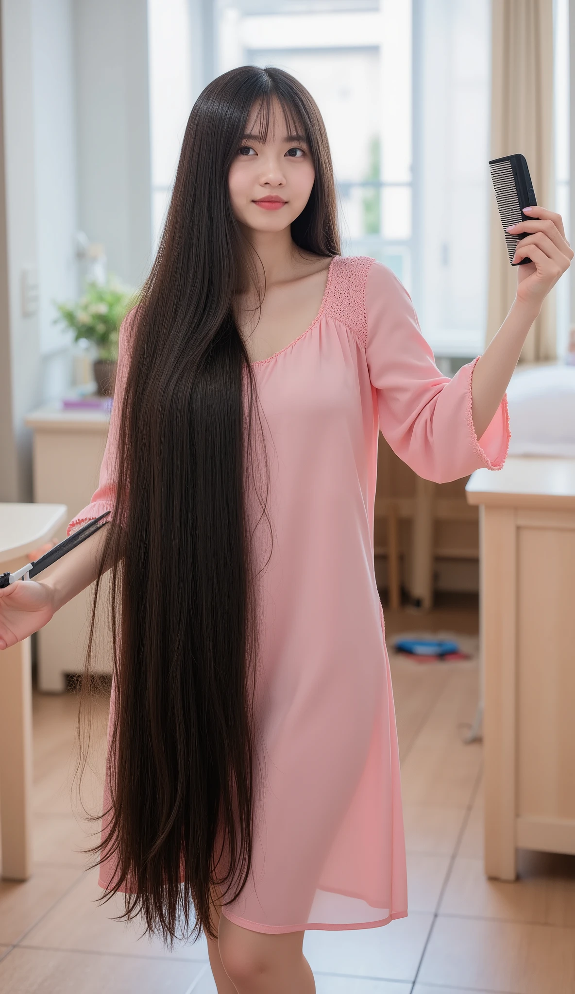 (Masterpiece, super detailed, hanging boob, 8k, cinema light). A beautiful and cute Vietnamese girl is in a student dormitory room ,((full body photo from hair to toe)),),( nsfw ). A young girl is very cute and has pink lips .She is standing combing her hair in the dorm bedroom.Wearing an outfit A spacious pastel cotton nightgown with natural fabric texture. She has the longest hair up to 32 meters.Her longest hair is straight smooth and very thick.She lets her longest hair drop down to her feet, floor and spread out, (( one hand holds long hair, with the other hand holding a comb)), ((huge breasts)), big boobs,shaggy . Bright and clear light.The background is a Vietnamese student dorm room.( the fingers are not deformed, hands full 5 fingers, sleeveless)