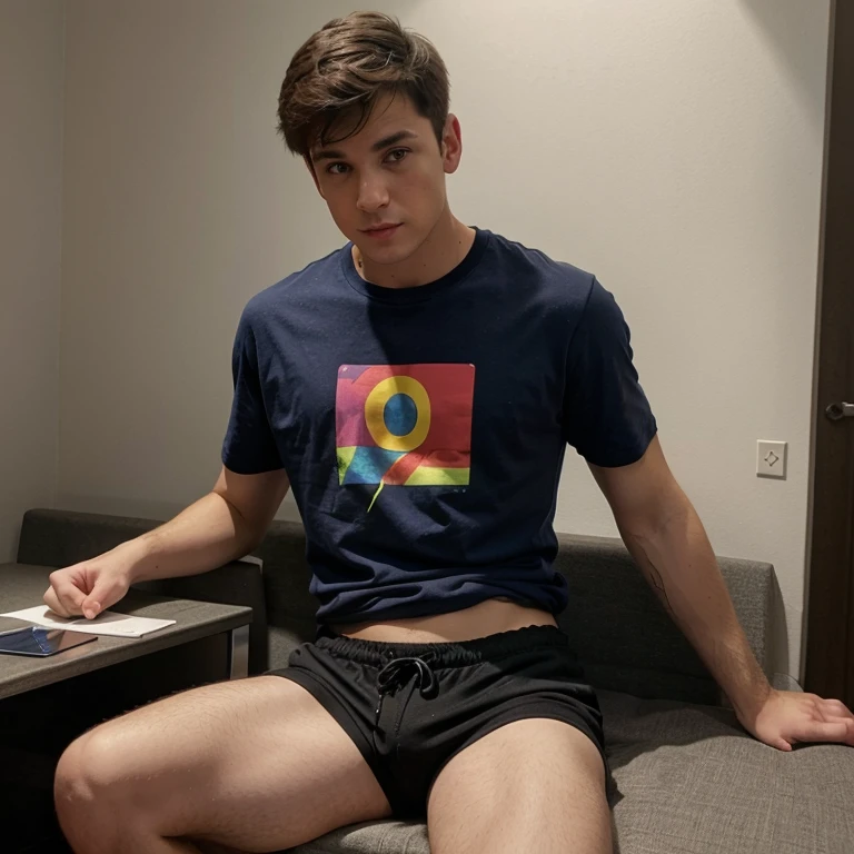 Masterpiece, best quality, ultra detailed, sfw, 1boy, an attractive 18 year old fit white boy lying in bed using laptop video call, looking at laptop screen, ((sweat)), topless, wearing tight underwear, big bulge , full body shot, side view,
