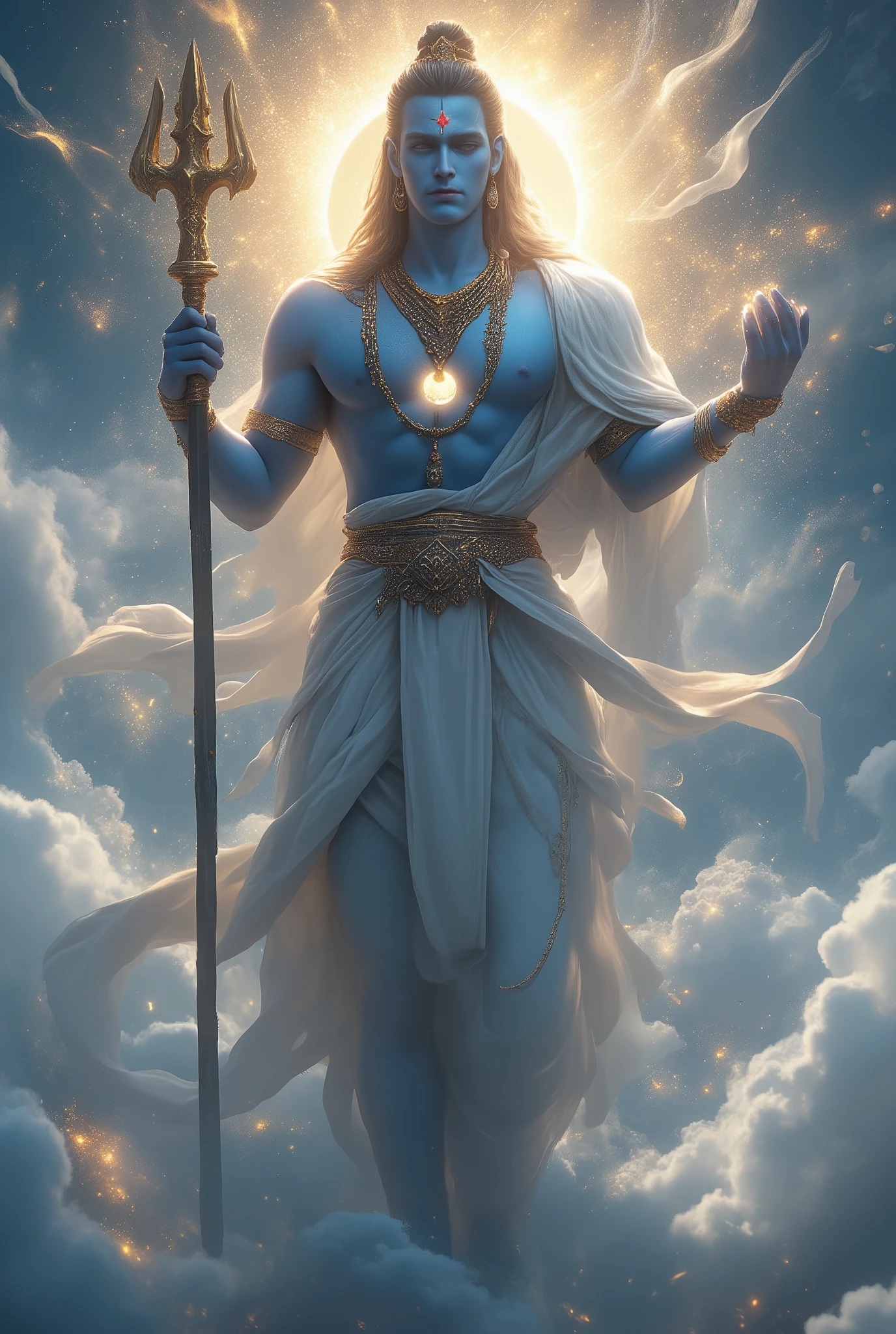 "A cinematic, hyperrealistic digital painting of a serene, blue-skinned divine figure of Lord Shiva. He is depicted with a third eye on his forehead, a crescent moon in his matted hair, and a serpent around his neck. The figure is adorned with intricate golden jewelry and is wearing flowing white garments with subtle golden patterns. He is holding a trident and standing amidst a cosmic environment of ethereal white clouds, stardust, and flying golden particles. A radiant golden halo glows behind his head, casting volumetric light and dramatic god rays. Full-body portrait, epic composition, sharp focus, cinematic lighting, 8K UHD, HDR, photorealistic detail."