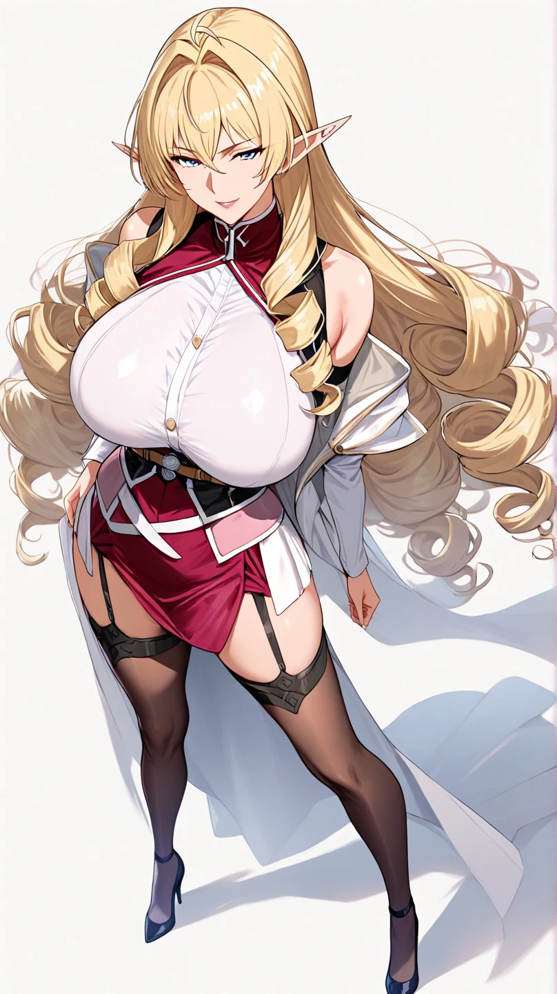 (((masterpiece,high resolution,best quality))), 1girl, solo,wine bottle,bare legs, large breasts, lying, on back, petals, looking at viewer, armpits, open mouth, solo, blush, wet clothes, heart, arms up, wet, bed sheet, origin, 1girl, red cape, boots, gloves, epaulettes, black corset, corset, black gloves, :d, black skirt, Pirotess, (yellow eyes), white hair, silver hair, very long hair, straight hair, solo, adult woman, tall, slightly muscular, large breasted, cleavage, constricted waist, Toned body, slight abs, thin dark skin, pointy ears, lipstick, makeup, black eyeshadow, circlet, white short dress, jewelry, bracelet, white gloves, thigh boots