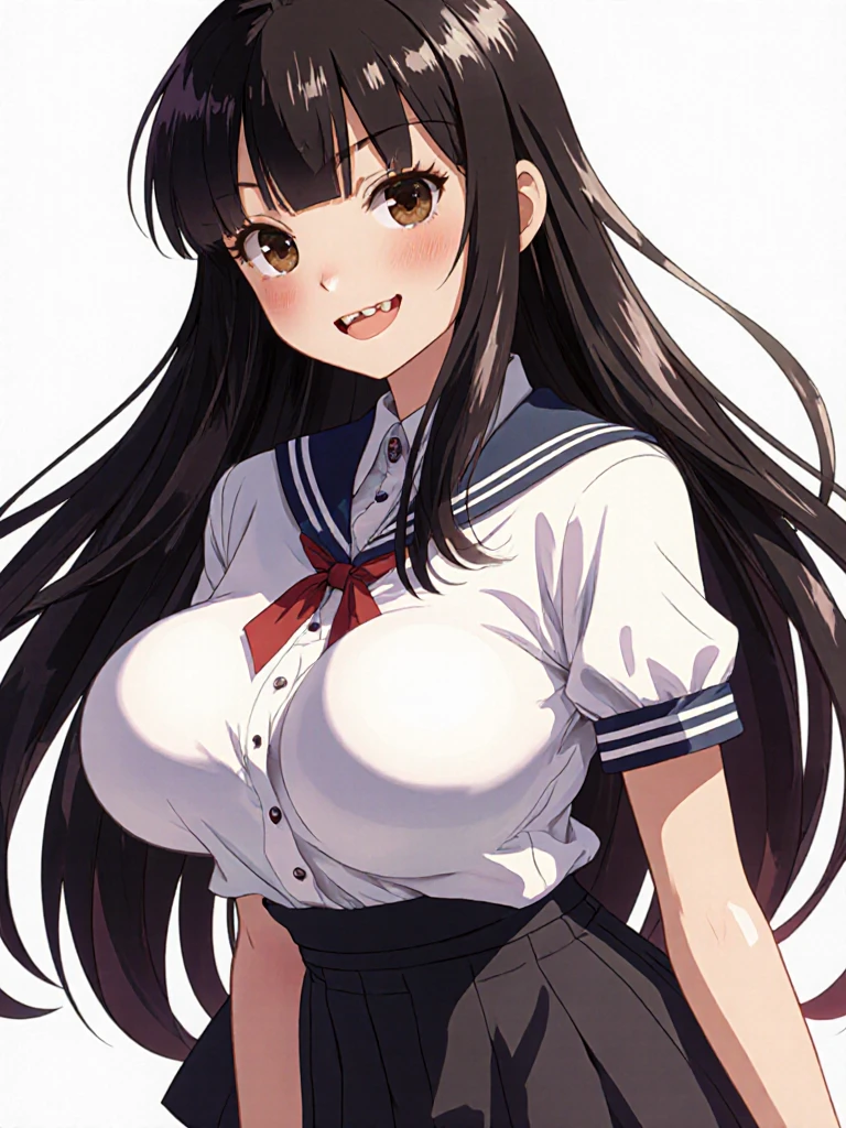 UHD, masterpiece, anatomically correct, textured skin, super detail, best quality, highres, full body, This anime character's name is "B", "B" is for 1girl, solo, Characters similar to rias gremory, "painting style : gainax anime style, kyoto animation style, inspired by Tsubasa Nakai, anime moe artstyle, anime visual of a cute girl, seductive anime girl, beautiful alluring anime teen, smooth anime cg art, clean detailed anime art, painted in anime painter studio", 18 years old, light brown hair, straight hair, long hair with two sides up, mid back length hair, droopy eyes, (very big eyes), beautiful green eyes, rounded eye shape, face contours similar to rias gremory, White and healthy complexion, (smooth skin), ((slender figure)), Height:160cm, Bust:75cm, Waist:60cm, Hips:80cm, (puff short sleeve), sailor collar, (black pleated skirt), ribbon on the chest, smile