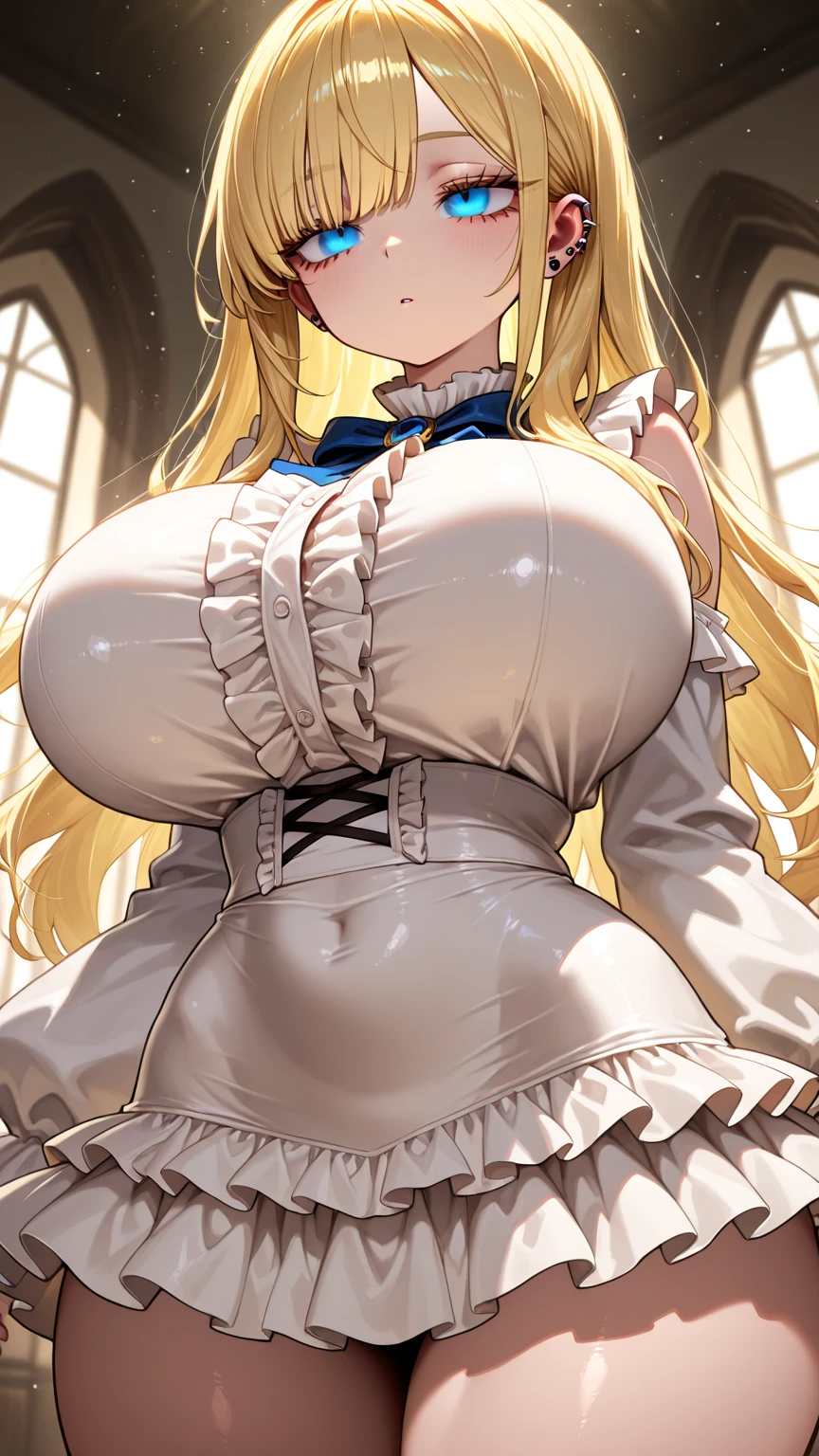 girl anime style short skirt seductive pose huge breasts blonde long hair flushed cheeks