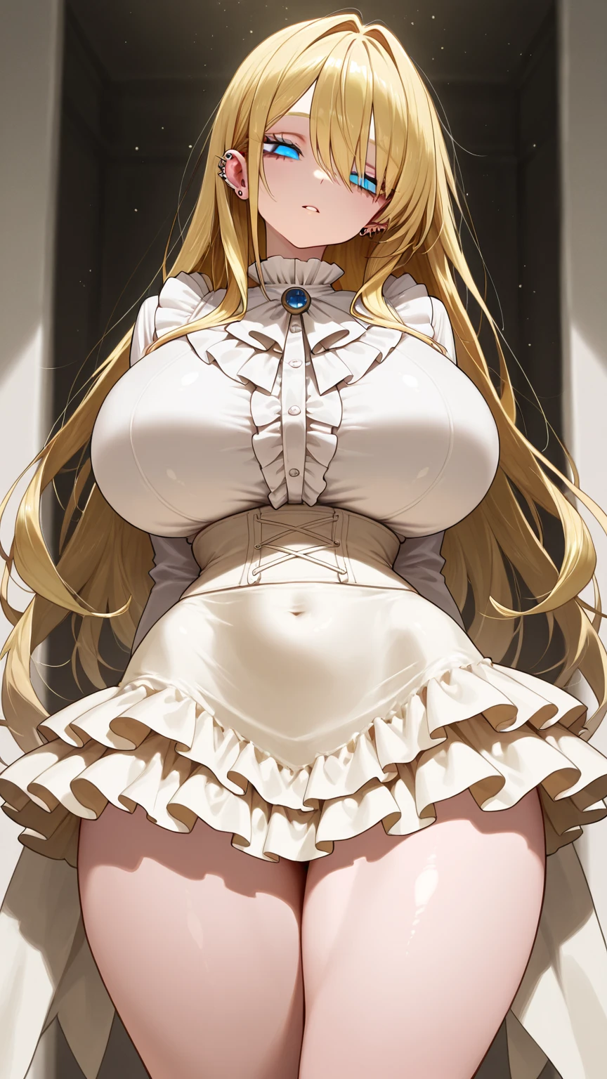 masterpiece:1.4,best-quality,Super Detail,Very Delicate and Beautiful, (( nsfw, low angle shot )), elegant slut, black skirt, blonde long hair, very gigantic breasts, cleavage, very slender, perfect face