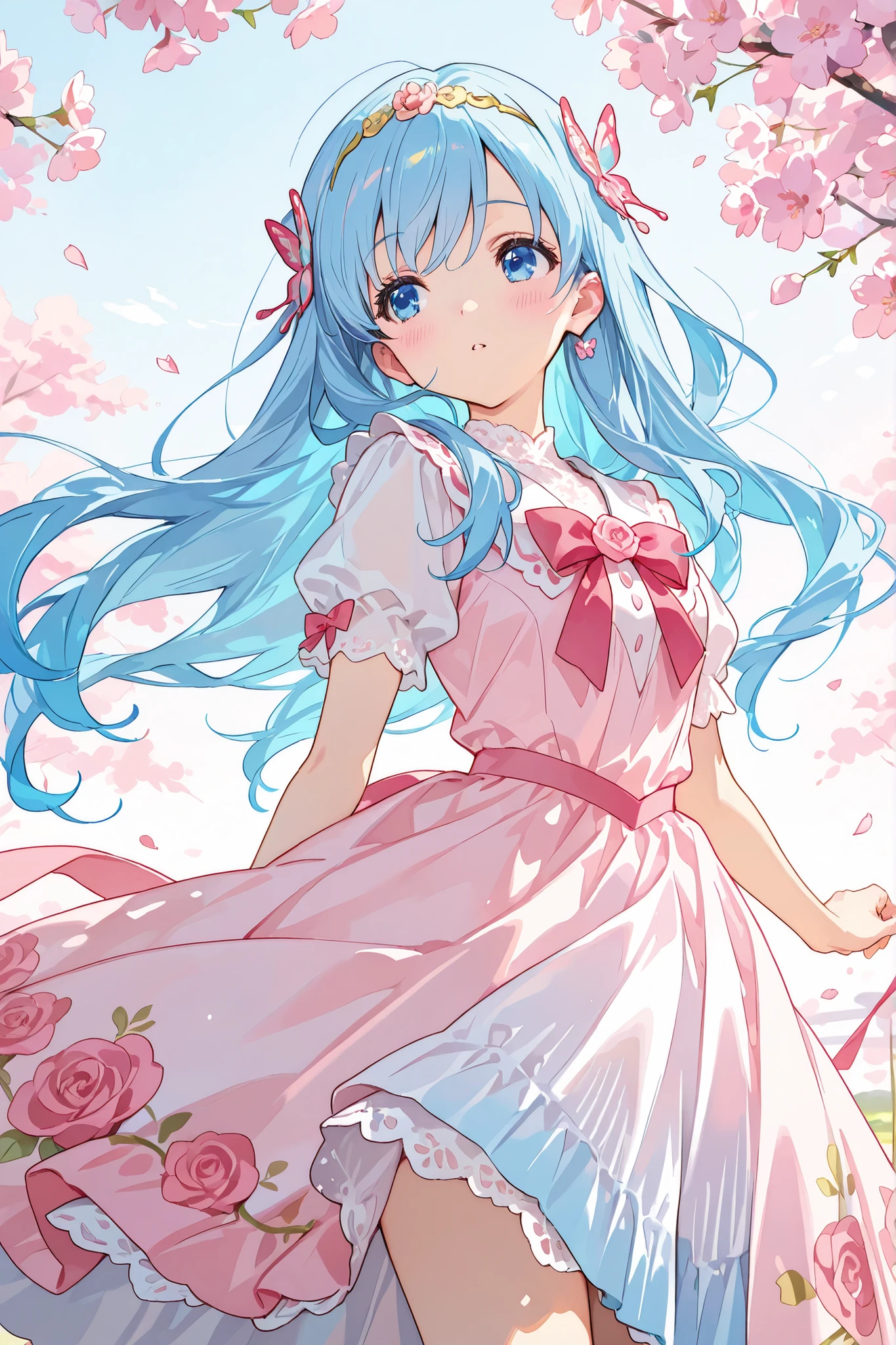 masterpiece, Highest Quality, super detailed, with a soft, curious expression , with flowing blue hair and big , Shining Blue Eyes . An anime-style scene depicting a girl with long hair , Her expression is soft and inquisitive,、 Looking Back Over My Shoulder . Her dress is a cute combination of pink and white, Decorated with ribbons, and her hair is adorned with a lace headband and pink roses. the sky is filled with soft pastel colors, and cherry blossom petals dance through the air , Adding a magical vibe to the scene. Butterflies also dance around her , adds a sense of movement. The colors are vivid, There are sharks fluttering around、The soft pink and blue create a dreamy and enchanting atmosphere, perfect for a fairytale-like adventure ,viewers,gentle smile