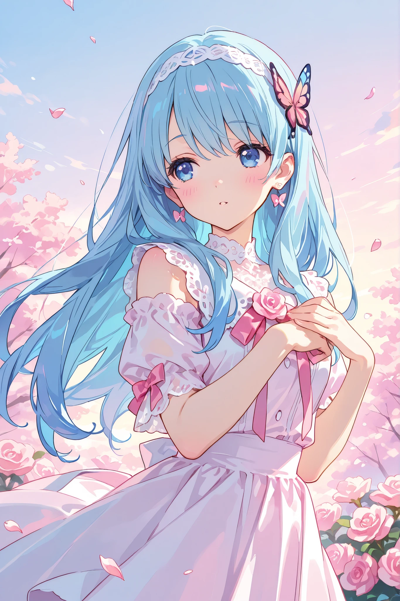 masterpiece, Highest Quality, super detailed, with a soft, curious expression , with flowing blue hair and big , Shining Blue Eyes . An anime-style scene depicting a girl with long hair , Her expression is soft and inquisitive,、 Looking Back Over My Shoulder . Her dress is a cute combination of pink and white, Decorated with ribbons, and her hair is adorned with a lace headband and pink roses. the sky is filled with soft pastel colors, and cherry blossom petals dance through the air , Adding a magical vibe to the scene. Butterflies also dance around her , adds a sense of movement. The colors are vivid, There are sharks fluttering around、The soft pink and blue create a dreamy and enchanting atmosphere, perfect for a fairytale-like adventure ,viewers,gentle smile