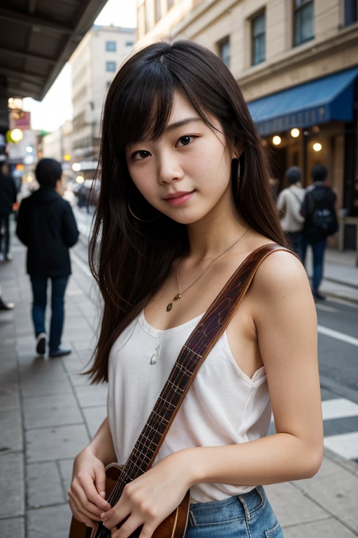 masterpiece,best quality,(Japanese ),((Beautiful girl)),cleavage,(perfect body beauty:1.2),(shy smile),beautiful teeth,(hat),(Shibuya scramble crossing),light colored hat,