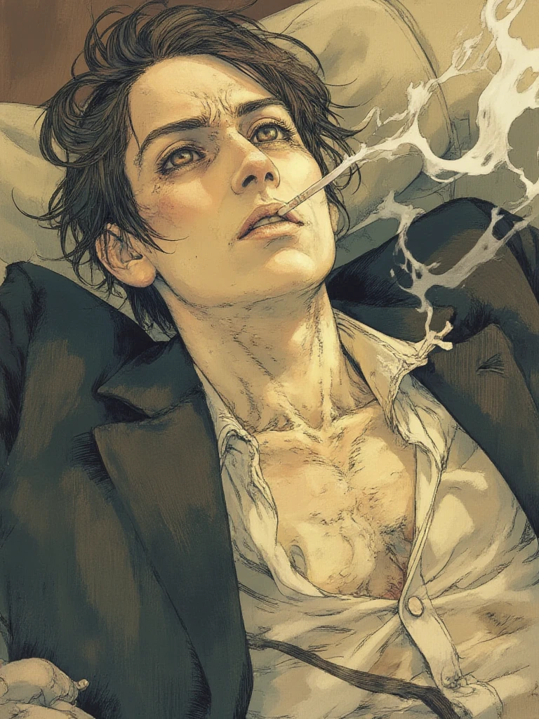 extremely aesthetic, HaruNaka style. Flat art illustration, Face close-up, upside-down, anatomically correct, Off-center composition,
Hard-boiled style. A man in a suit has finished work and is leaning back on the sofa, smoking a cigarette with a listless look on his face. His chest buttons and tie are loosened. This work depicts a handsome man's brief moment of peace.
The man's gaze wanders to the smoke from the cigarette he is smoking, trying to relax.
A shot of the face from above. Emphasizes handsomeness. Handsomeness is paramount. A work for handsome people. Only handsome people can win. A masterpiece.