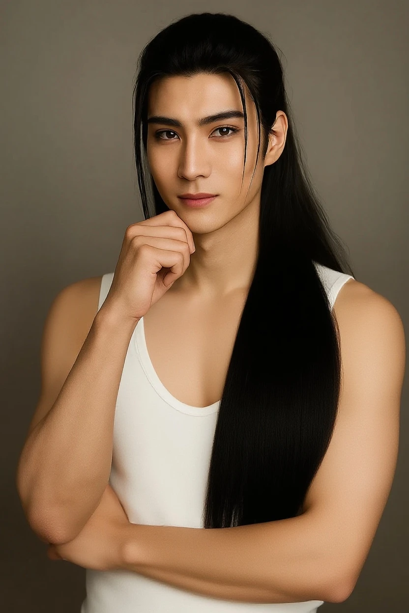 The image shows a handsome young man with very long black hair., suggesting a modern and well-groomed style. Your skin is brown, with an even and healthy tone, revealing a slight natural luminosity. giving a touch of sophistication to your face.
Your eyes are slightly closed, with eyelids that suggest a state of relaxation or perhaps a soft smile, and lightly pulled, giving a mysterious and captivating appearance. The eyebrows are thin , following the soft and serene expression on the face.
His overall expression is calm and gentle, with a slight smile that lights up your features, highlighting natural youth and beauty
Your slim and thin
Holding his chest sith both hands
Man
160cm