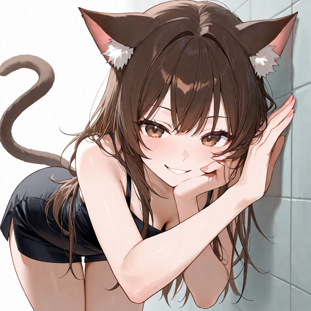 (by nekoya \(liu\), by nanoless :0.8) , best quality, BREAK
1girl, chocola \(nekopara\), cat girl, cat ears, cat tail, brown hair, short hair, yellow eyes, naked, covering breasts, flat chest, suggestive smile,
indoors, living room, bed