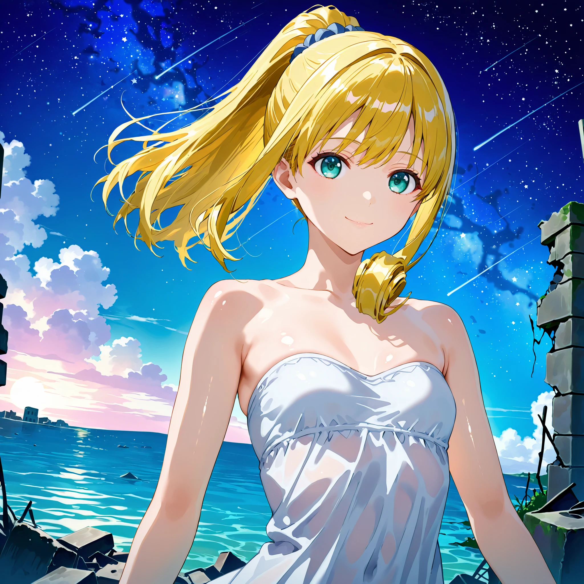 score_9, score_8_up, score_7_up, 1girl, solo,  ,, melia antiqua,medium hair, teal eyes, ruins and water background ,blonde hair,golden hair,perfect hair,glossy hair,smooth hair,shiny hair,,detailed hair,cowboy shot,slim body,small breast,young face,delicated face,delicated body,upper body,soft smile,delicated smile,long hair,starry background,ponytail,glossy hait,smooth skin,strapless,sleeveless,Hair Fluttering in the Wind