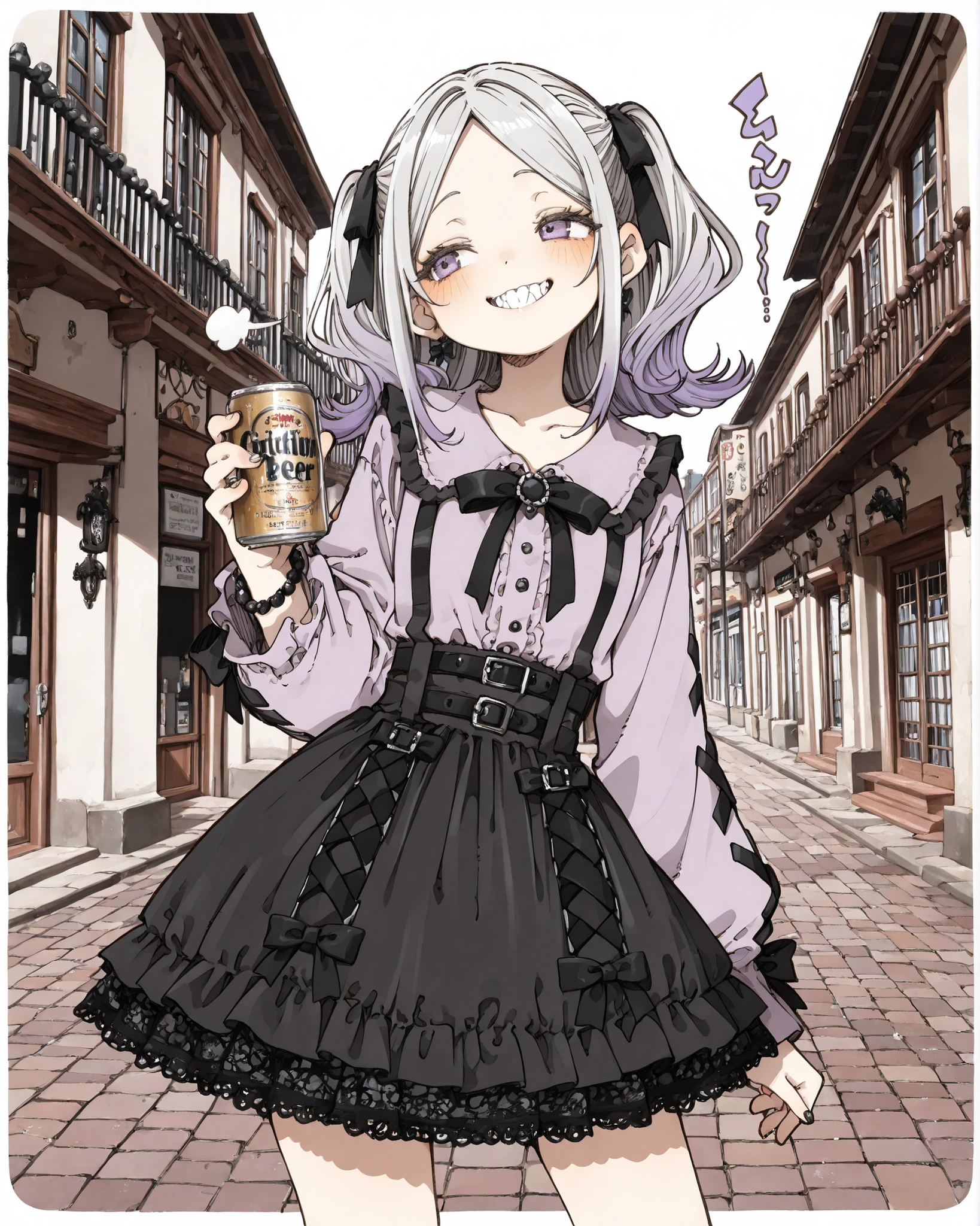 ((Abara Heiki Style)), ((Masterpiece)), ((best quality, amazing quality)), ((very aesthetic, absurdres, newest)), ((transparent background, mini background)), ((detailed background, negative space)), (wide shot), (sound effects, sigh), ((1girl)), Cute young Girl, (Healthy Gaunt body, Textured skin, small , tilt head), Glossy medium hair, (long parted bangs, cute forehead, long sidelooks), (platinum-gold hair, flipped hair, gradient hair), (very grin, Serrated teeth), blush, (glitter eyes, pale purple eyes, averting eyes, looking at side), big eyes, (cute cheeks), glossy lips, pouty lips, (lower eyelashes), BREAK, Fine gemstone bracelet, (gothic lolita shirt, gothic lolita skirt, Jirai kei, Beautiful lace decoration), Beautiful collarbone, ((Drinking canned beer in hand)), gothic makeup, (contrapposto on the asphalt, outdoor, nostalgic atmosphere), Disturbing ground, european architecture,