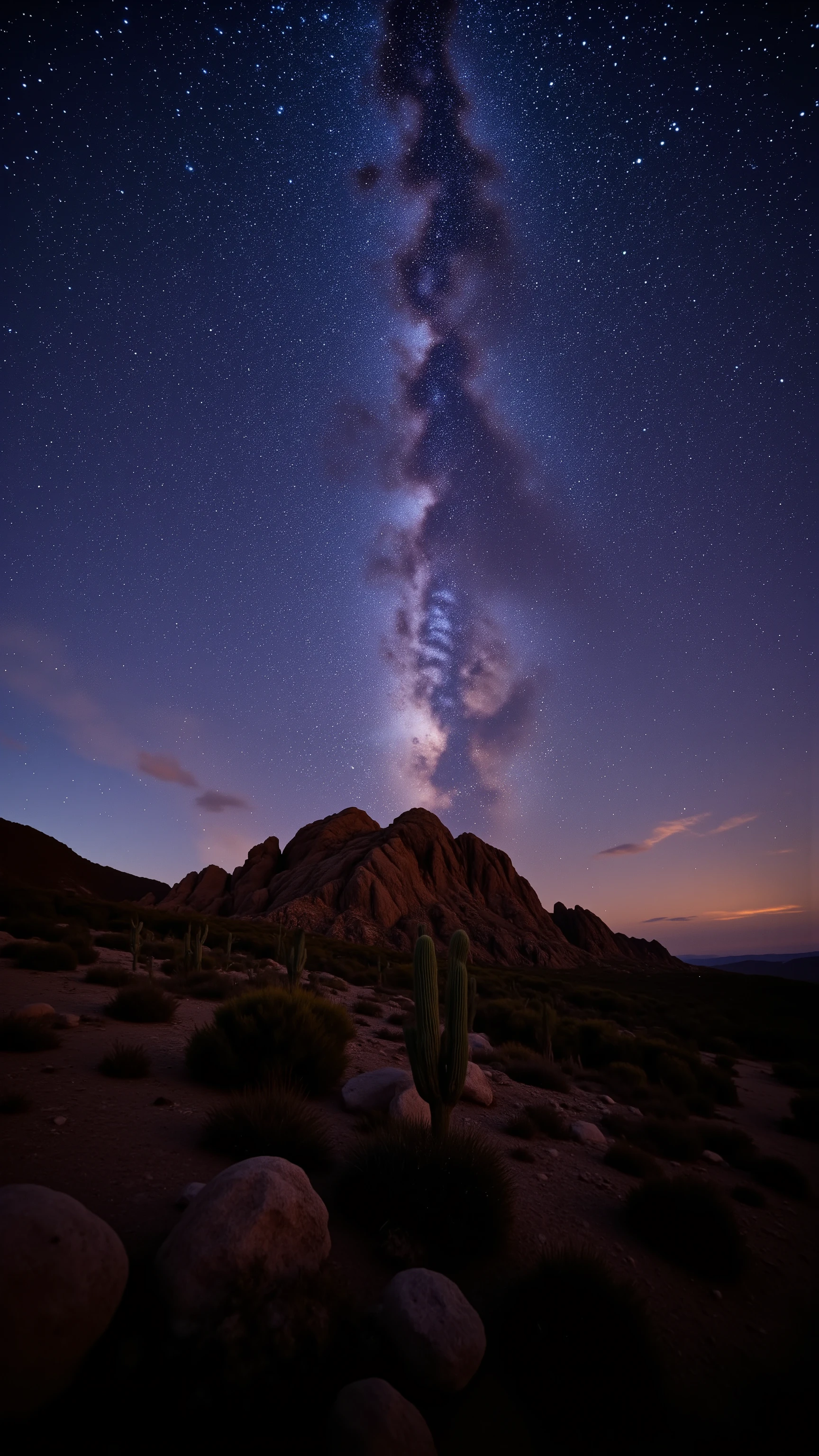 in high-resolution images、 panoramic high resolution images of the night sky、spectacular images beautiful、Pre-dawn sky、 incredibly beautiful night sky 、stars in the night sky harmonize with exquisite deserts and cacti、(Stars are the protagonists) depth of field effects 、 imaginative starry sky 、high-end color matching、Baja California peninsula、カラフルな尾と流れ星☆壮観、four corners、16k、Milky Way in the background。