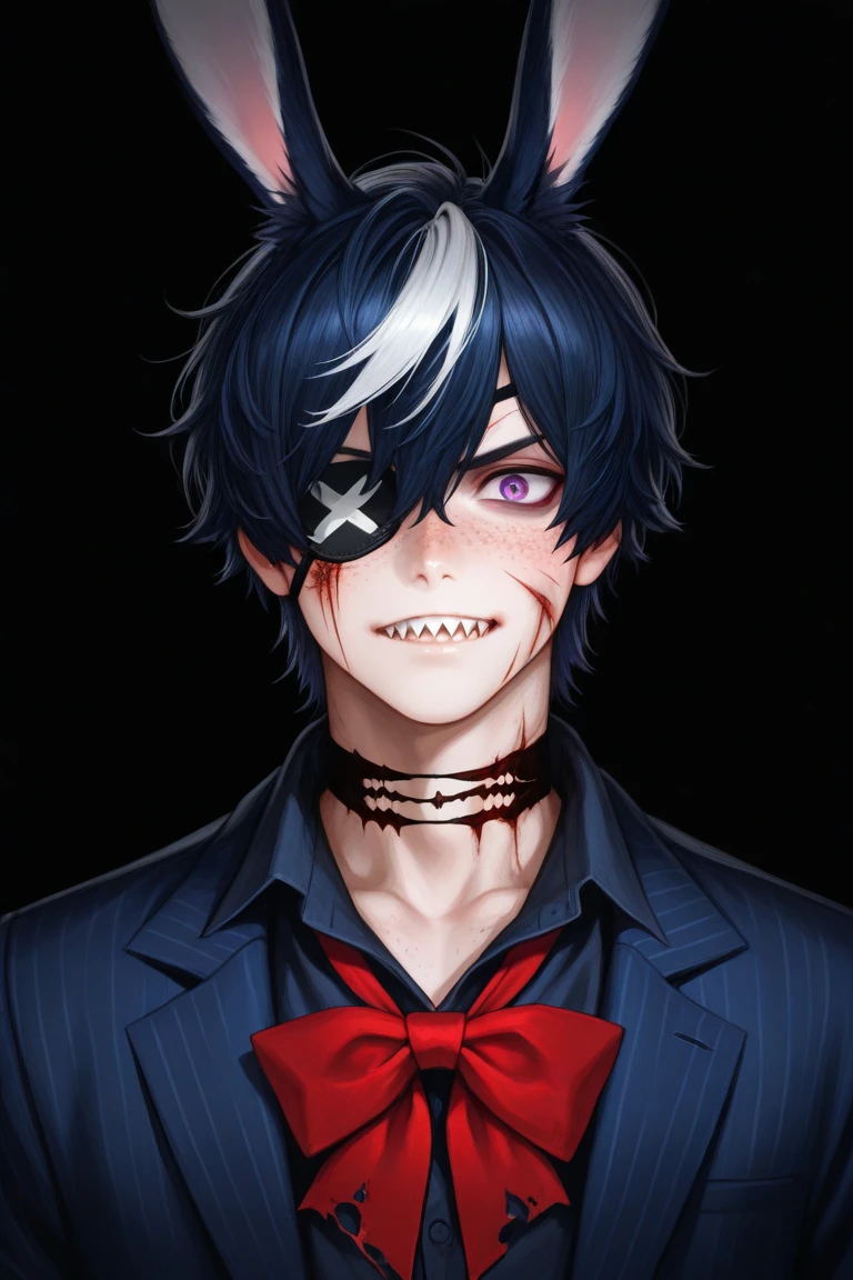 1boy, apple, ascot, bite mark, bleeding, blood, blood from mouth, blood on clothes, blood on face, blood splatter, blood stain, blue eyes, bruise, chain, food, fruit, gloves, gradient, gradient background, grey background, hair between eyes, holding, holding fruit, injury, long sleeves, looking at viewer, male focus, necktie, pale skin, scratches, solo, upper body, white gloves, <lora:Anime_Male_Portraits:1>