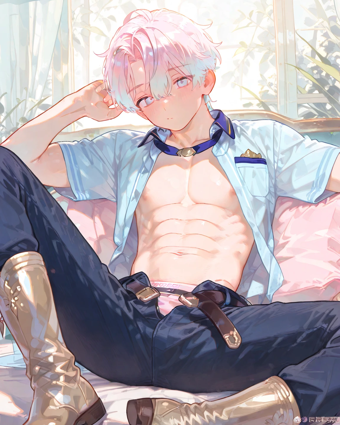 ((shota, little boy, white hair, boy)), nsfw, penis, solo, high resolution, micro bikini, <3, bare penis, ahegao, Coin laundry, boy hair,