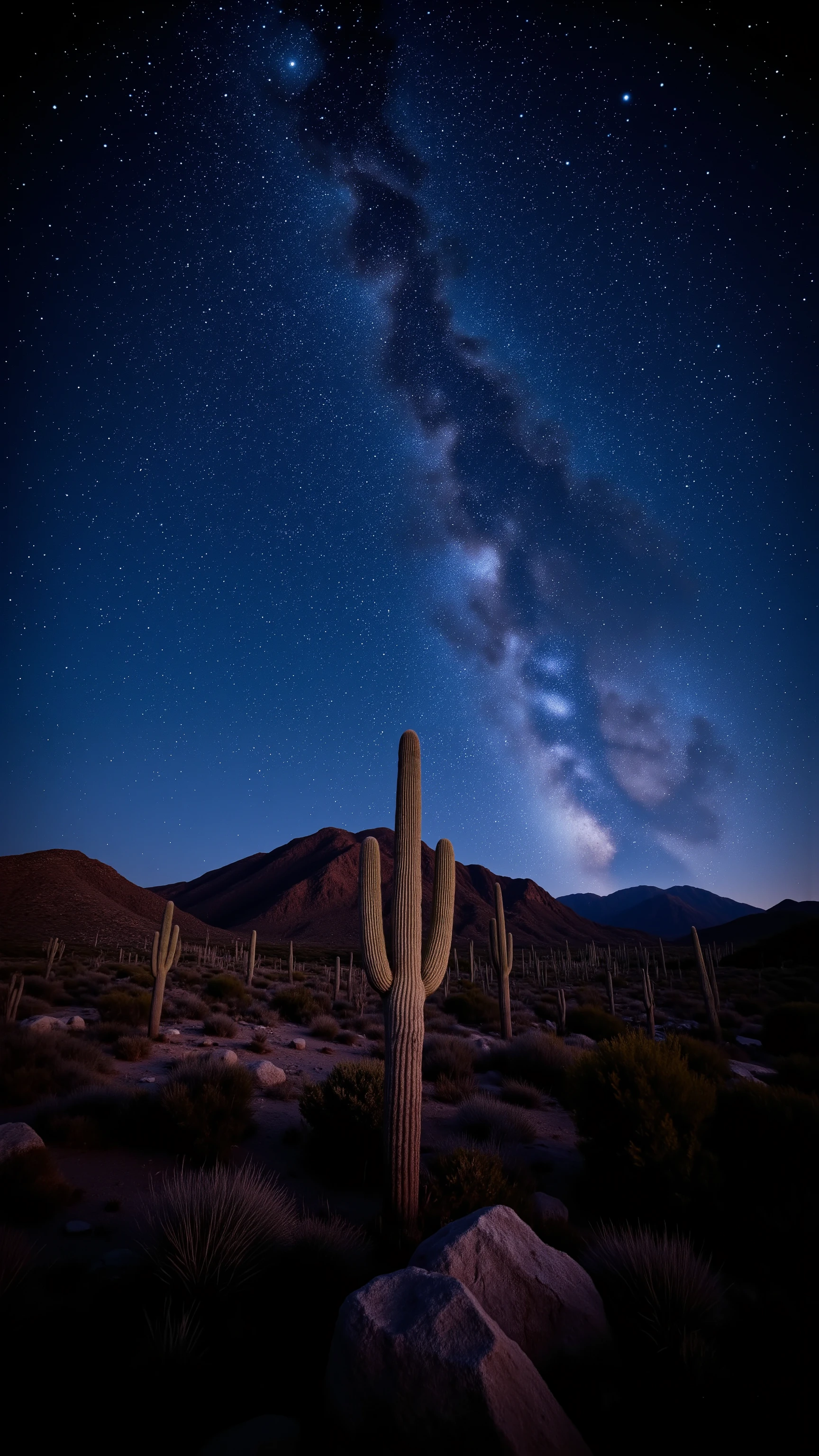 in high-resolution images、 panoramic high resolution images of the night sky、spectacular images beautiful、Pre-dawn sky、 incredibly beautiful night sky 、stars in the night sky harmonize with exquisite deserts and cacti、(Stars are the protagonists) depth of field effects 、 imaginative starry sky 、high-end color matching、Baja California peninsula、カラフルな尾と流れ星☆壮観、four corners、16k、Milky Way in the background。