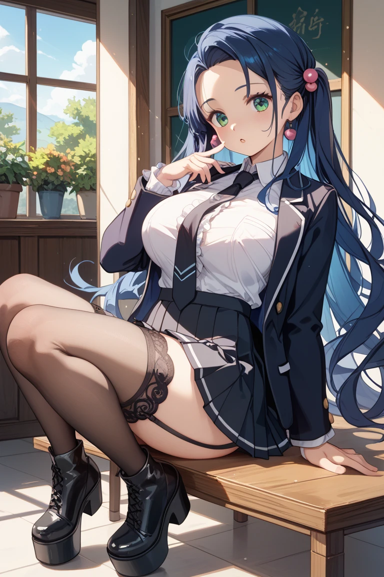 absurderes:1.8, ((From the thigh up:1.5, beautiful clear eyes, from below:1.6,)), ((school uniform, blazer、skirt lift by myself:1.5, showing panties, panties emphasis:1.6, blue hair, long hair))、(1woman), Unity 8K Wallpaper, Masterpiece, detailed hair, highly detailed, ( panties:1.4, school),, (light smile:1.4), (blush:1.3)
