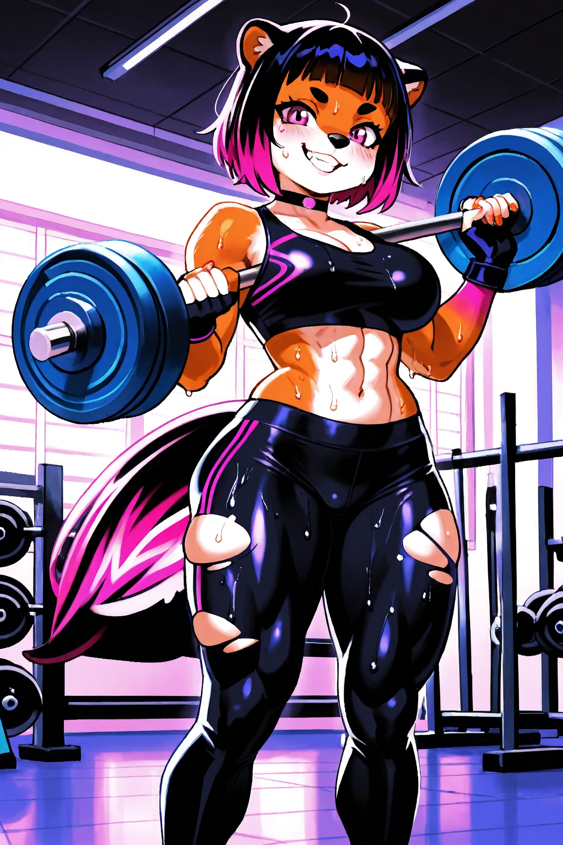 Five nights in anime, mangle, crop top, giant boobs thigh high, abs, pink hair, white body, big thighs, earrings, eyeliner, coller, pink tail, hourglass figure, in chains, GTS belly piercing, flexing, in gym, goth, pink eyes,black thong, sweat, pink gym shoes, weat clothes, tattoos,