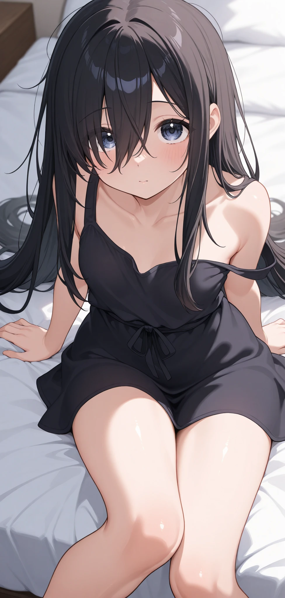make a emo girl,bedroom,blush,long hair,black clothes,dark acessories
