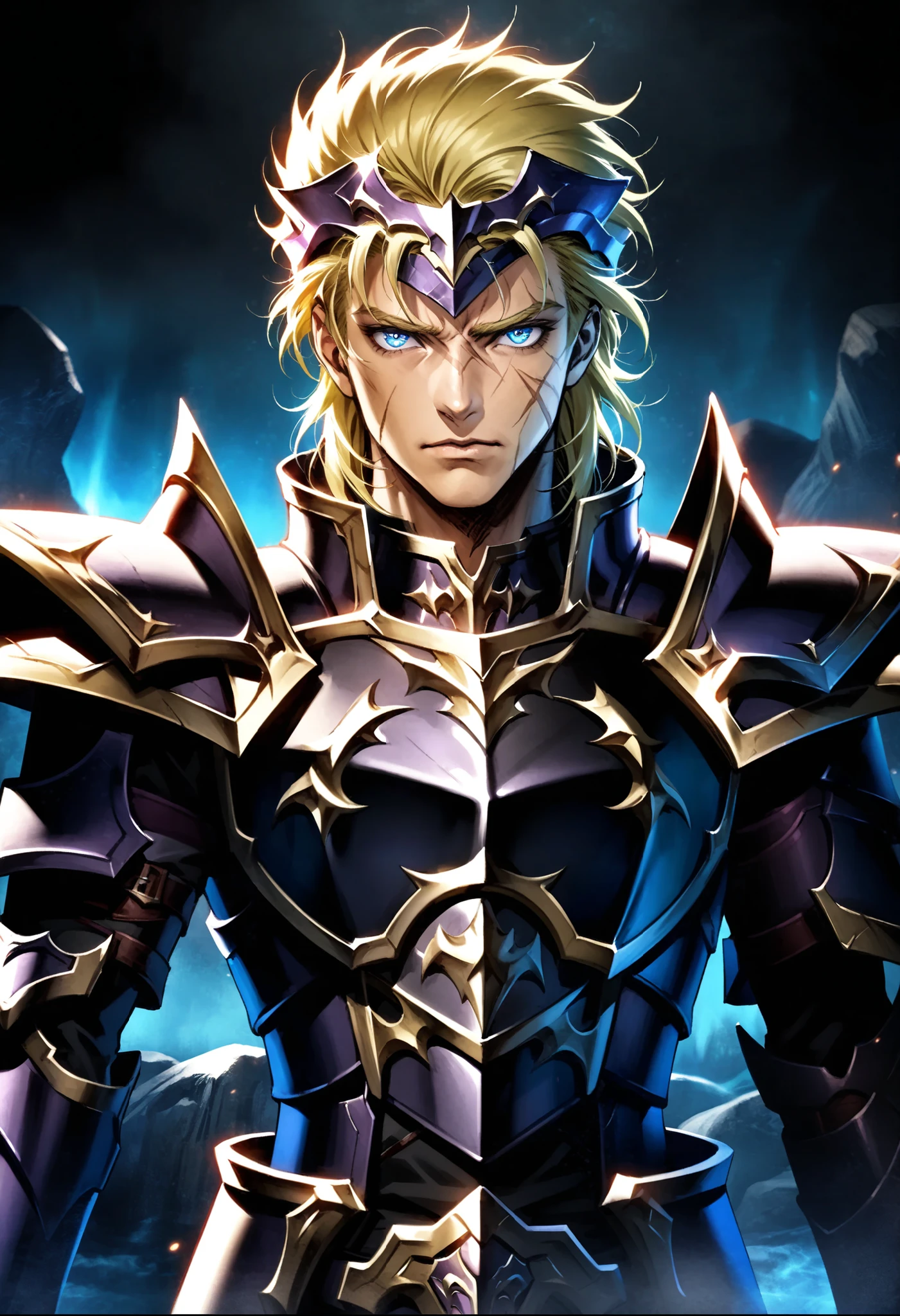 (high-quality, breathtaking),(expressive eyes, perfect face) Symmetrical Eyes, 1boy, male, solo, adult, looking at viewer, black background, soft eerie blue lighting background, rock terrain background, Dark Purple Armor, trim, full plate armor, half body shot, solo, black armor, Specter, Dark Knights, scars, ogma,blonde hair,blue eyes,muscular male, headpiece
