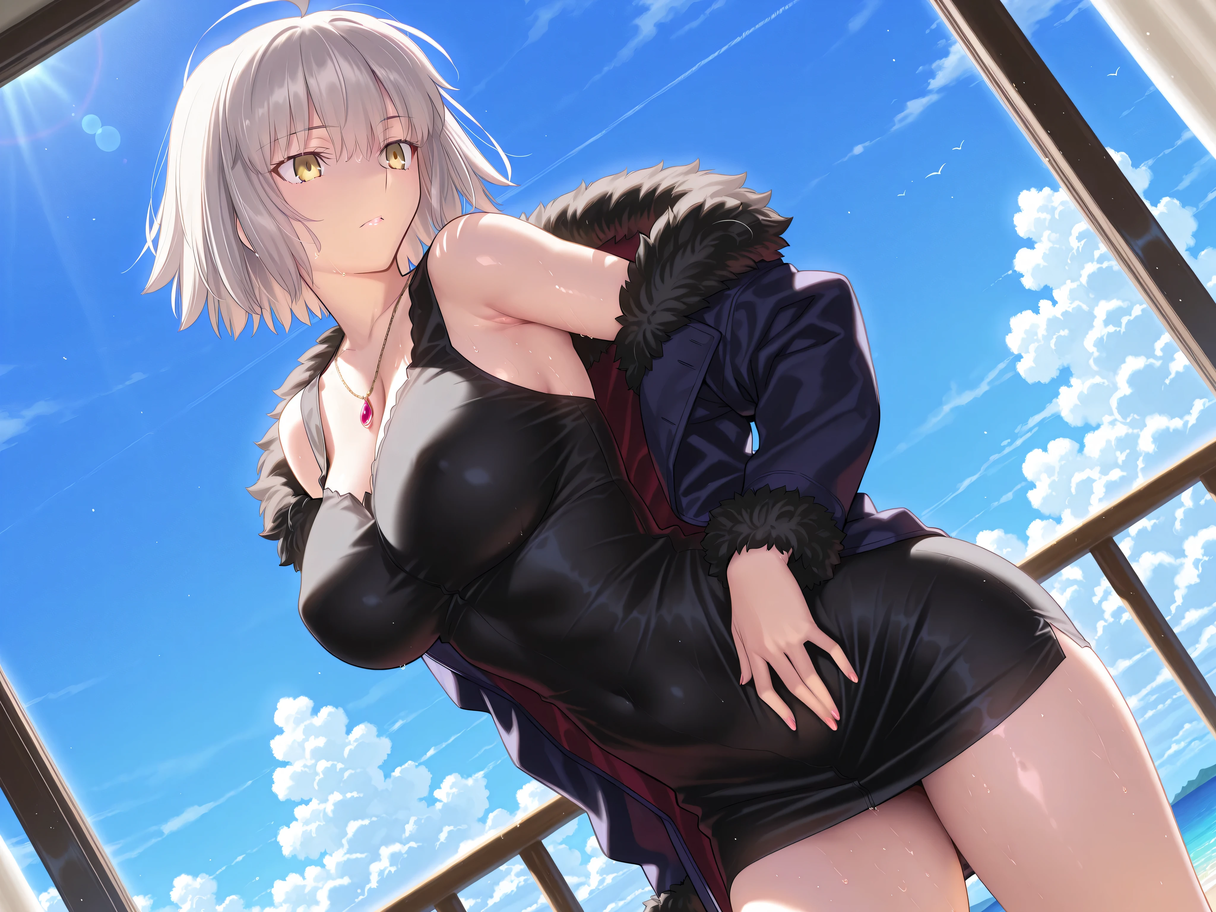 (((1girl))), Jeanne d'Arc Alter \(Fate grand order\), Jeanne d'Arc Alter from Fate grand order, beach side, night time, starry night, waves crashing against beachside, standing on beachside, (extremely big breasts, extremely big ass, extremely wide hips, thick thighs), squatting with ass resting in heels, ((embarrassed grin, single sweat on side of head, both nipples erect, furrowed eyebrows)),