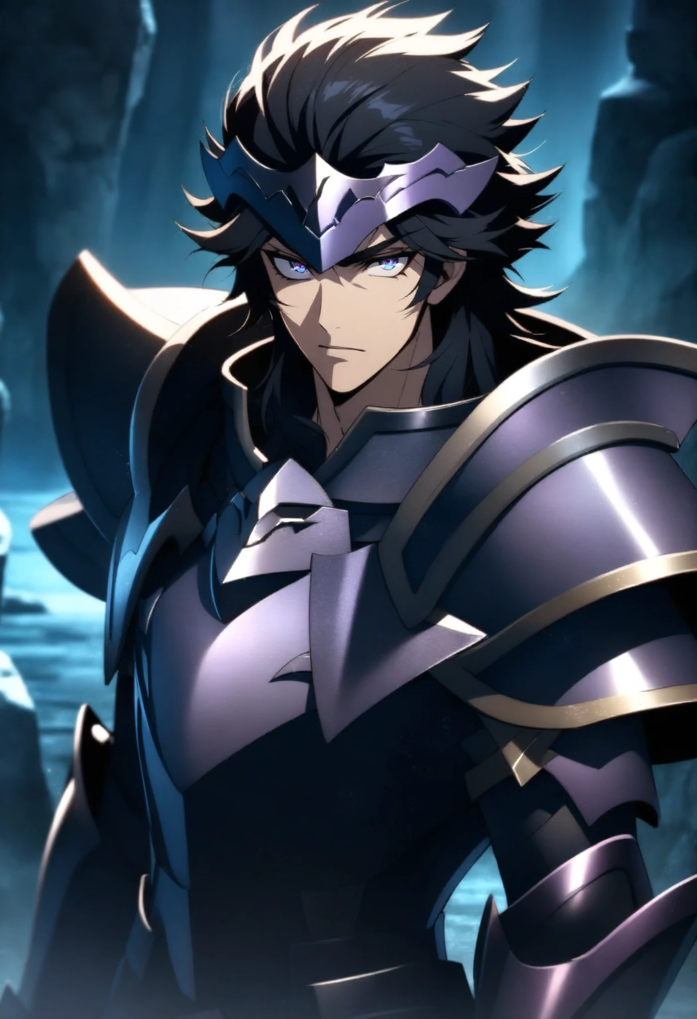 (high-quality, breathtaking),(expressive eyes, perfect face) Symmetrical Eyes, 1boy, male, solo, adult, looking at viewer, black background, soft eerie blue lighting background, rock terrain background, Dark Purple Armor, trim, full plate armor, half body shot, solo, black armor, Specter, Dark Knights, balthus,black hair,brown eyes,muscular male, headpiece