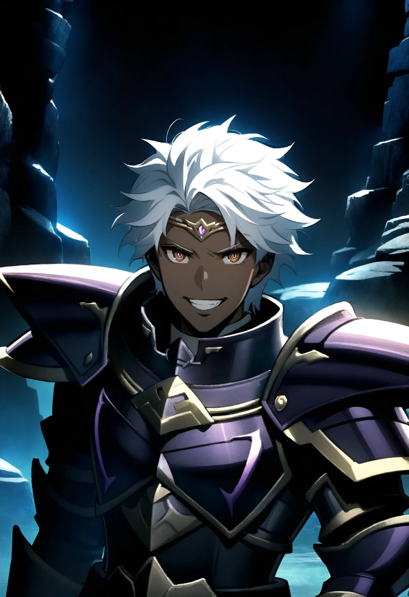 (high-quality, breathtaking),(expressive eyes, perfect face) Symmetrical Eyes, 1boy, male, solo, adult, looking at viewer, black background, soft eerie blue lighting background, rock terrain background, Dark Purple Armor, trim, full plate armor, half body shot, solo, black armor, Specter, Dark Knights, headpiece, boey,white hair,brown eyes,circlet,dark skin,dark-skinned male, positive expression, grin, happy, confident