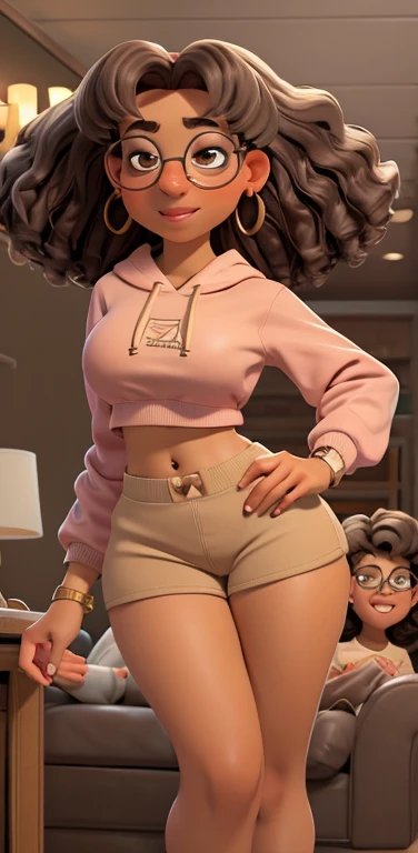 (Pudgy figure:1.5)1girl, alone, Latina, 42-years-old, milf, mature female, (tan-bronze skin:1.5), long brown hair, (Wearing: red tank-top, black leggings, golden earrings, golden bracelets, sneakers:1.2)