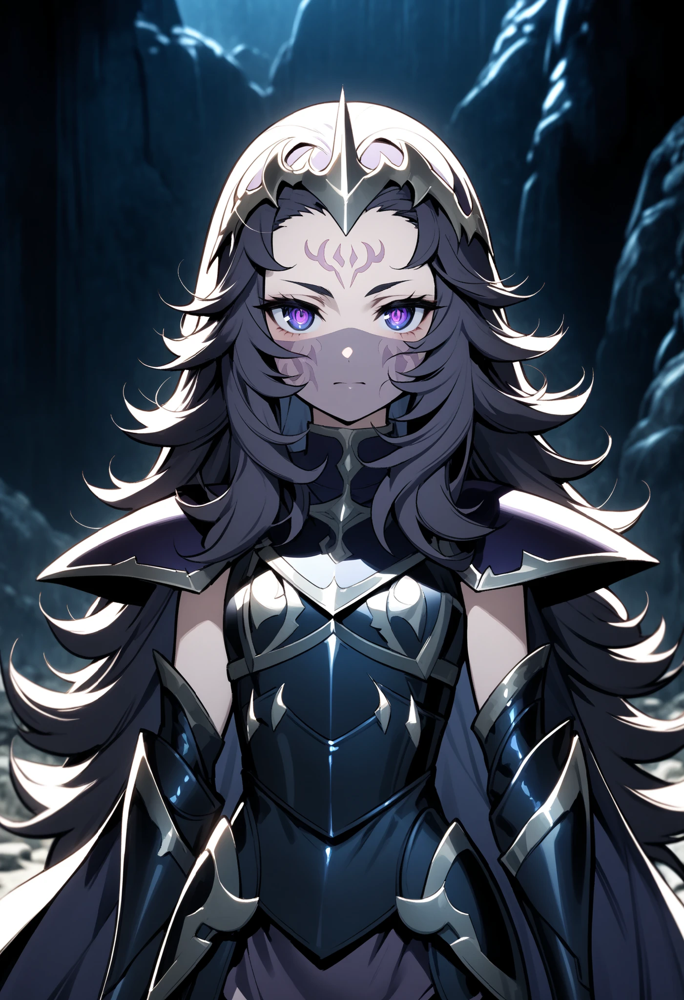 (high-quality, breathtaking),(expressive eyes, perfect face) Symmetrical Eyes, 1girl, female, solo, adult, looking at viewer, black background, soft eerie blue lighting background, rock terrain background, Dark Purple Armor, trim, full plate armor, half body shot, solo, black armor, Specter, Dark Knights, nyx, veil, forehead mark, facial markings, young, petite,