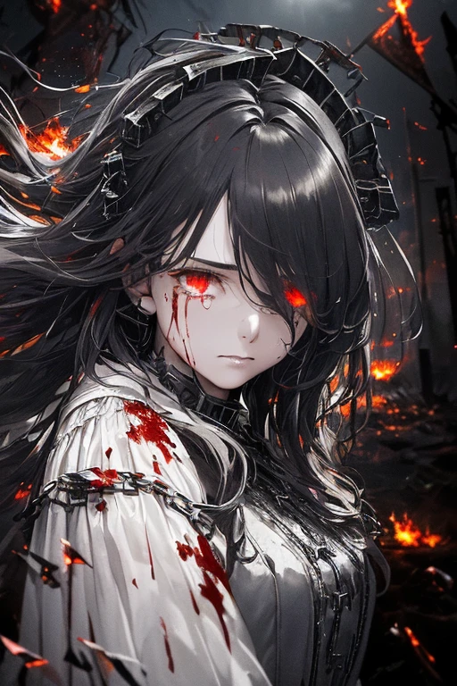 full-length, girl, four eyes, black hair, red eyes, tufts of hair, white torn clothes, shackles on her hands