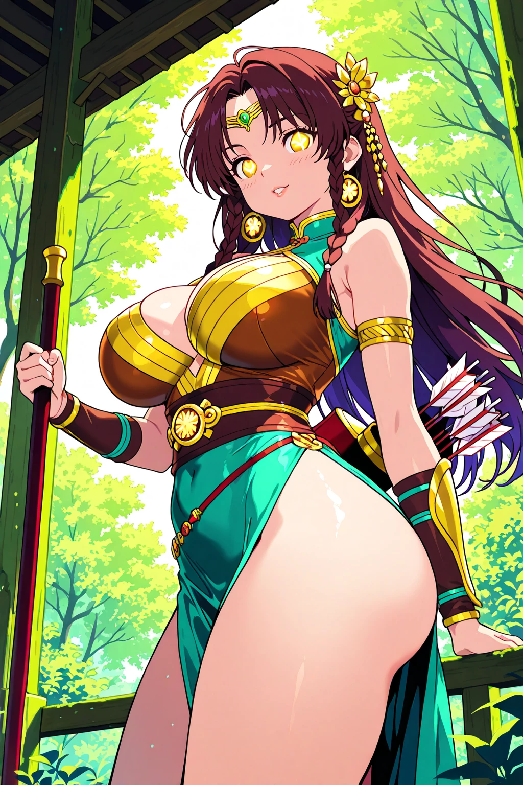 symboli rudolf (umamusume), 1girl, solo, long hair, breasts, looking at viewer, blush, large breasts, simple background, brown hair, thighhighs, white background, navel, holding, animal ears, cleavage, jewelry, closed mouth, purple eyes, tail, swimsuit, weapon, white hair, bikini, multicolored hair, earrings, sword, holding weapon, armor, streaked hair, see-through, skindentation, highleg, holding sword, horse ears, horse girl, gauntlets, pelvic curtain, horse tail, epaulettes, shield, single earring, highleg bikini, green bikini, bikini armor, holding shield, green thighhighs
