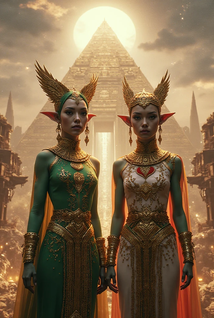 three women in costumes sitting on a bench in a room, digital visionary art, cgsociety ), trending on mentalray, apophis, daniel merrian :: ornate, indian goddess of wealth, still from a music video, futuristic starship crew member, by Niklaus Manuel, djinn --auto --s2